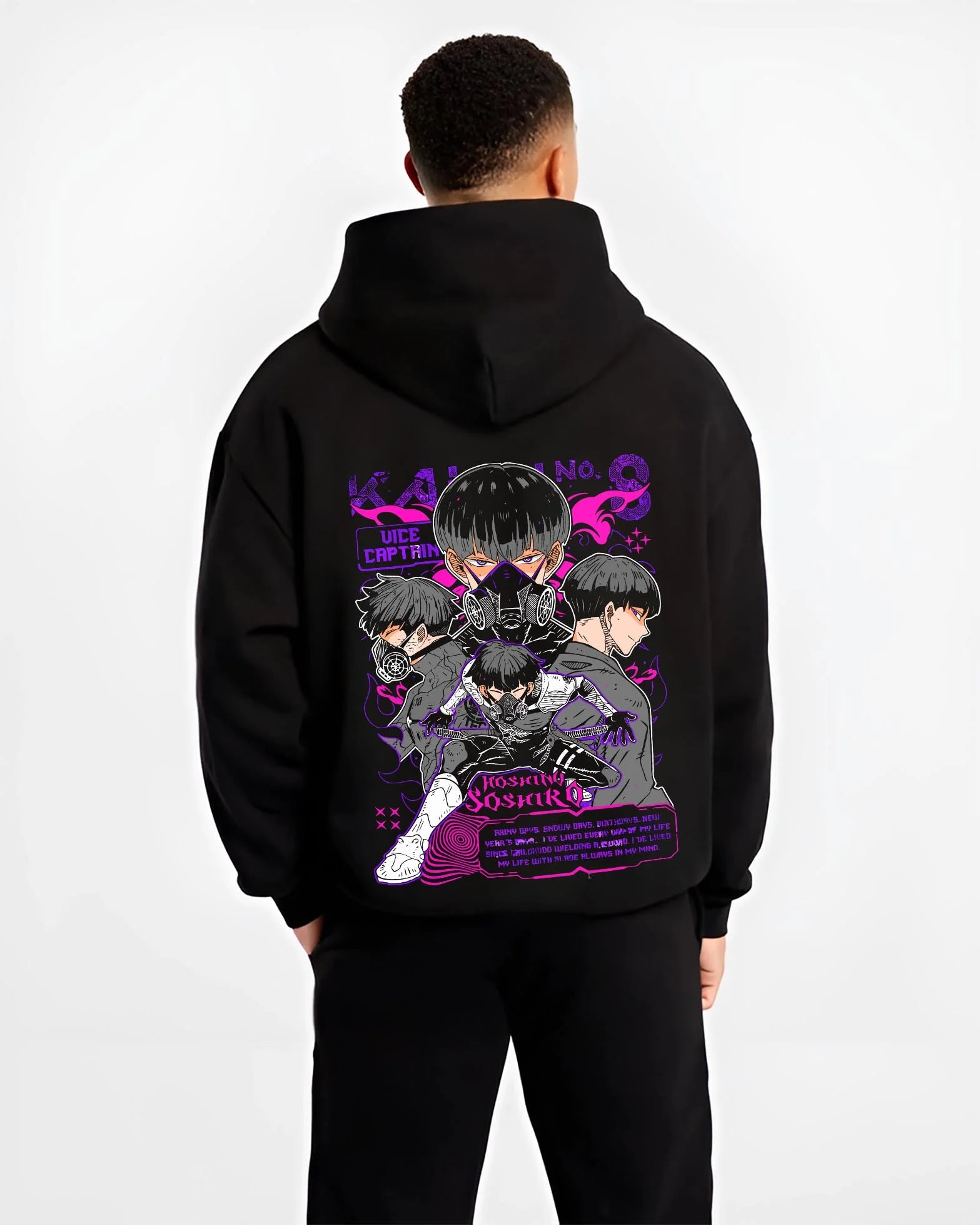 Black hoodie worn by male model, back view with Soshiro Hoshina Hoodie Kaiju No. 8 Vice Captain graphic bold anime graphic.