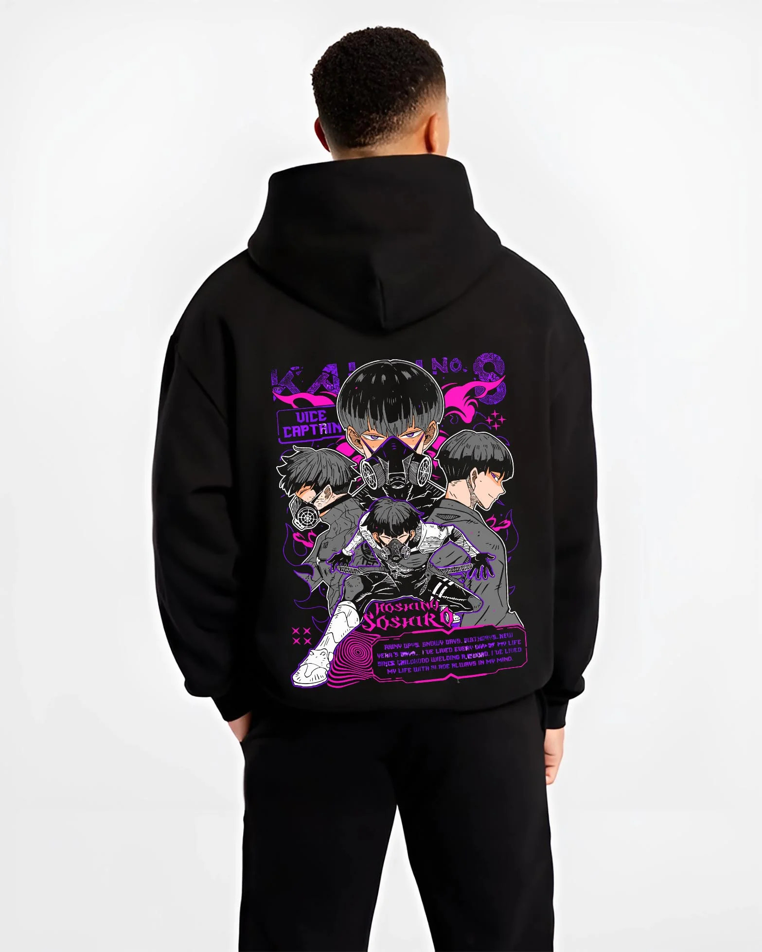 Black hoodie worn by male model, back view with Soshiro Hoshina Hoodie Kaiju No. 8 Vice Captain graphic bold anime graphic.