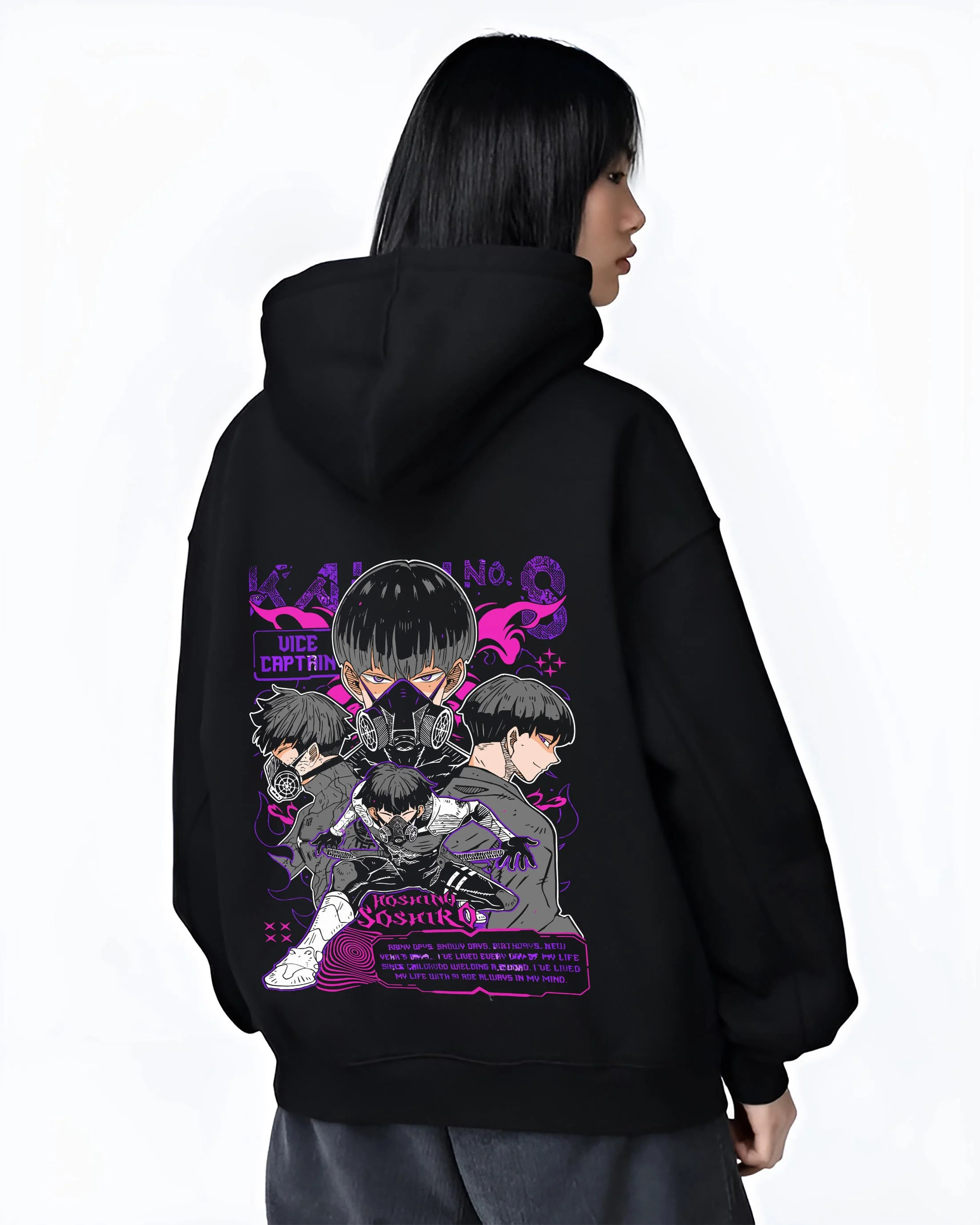Black hoodie worn by female model, back view with Soshiro Hoshina Hoodie Kaiju No. 8 Vice Captain graphic premium wear.
