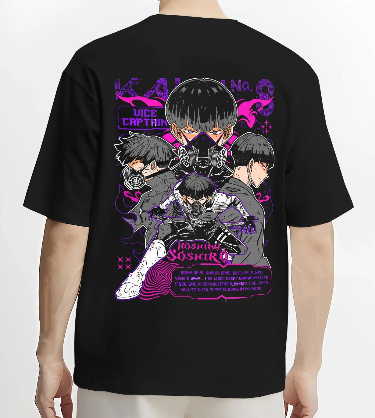 Black T-shirt worn by male model, back view with Soshiro Hoshina Hoodie Kaiju No. 8 Vice Captain graphic streetwear graphic.