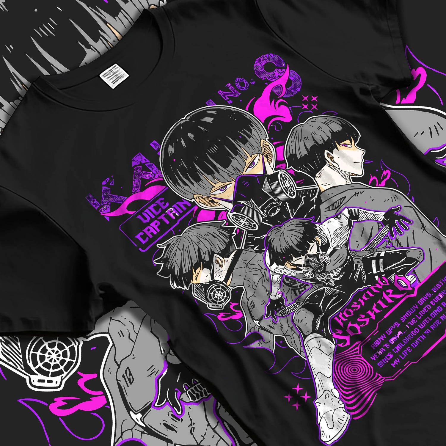 Black T-shirt laid flat with natural folds with Soshiro Hoshina Hoodie Kaiju No. 8 Vice Captain graphic bold anime graphic.
