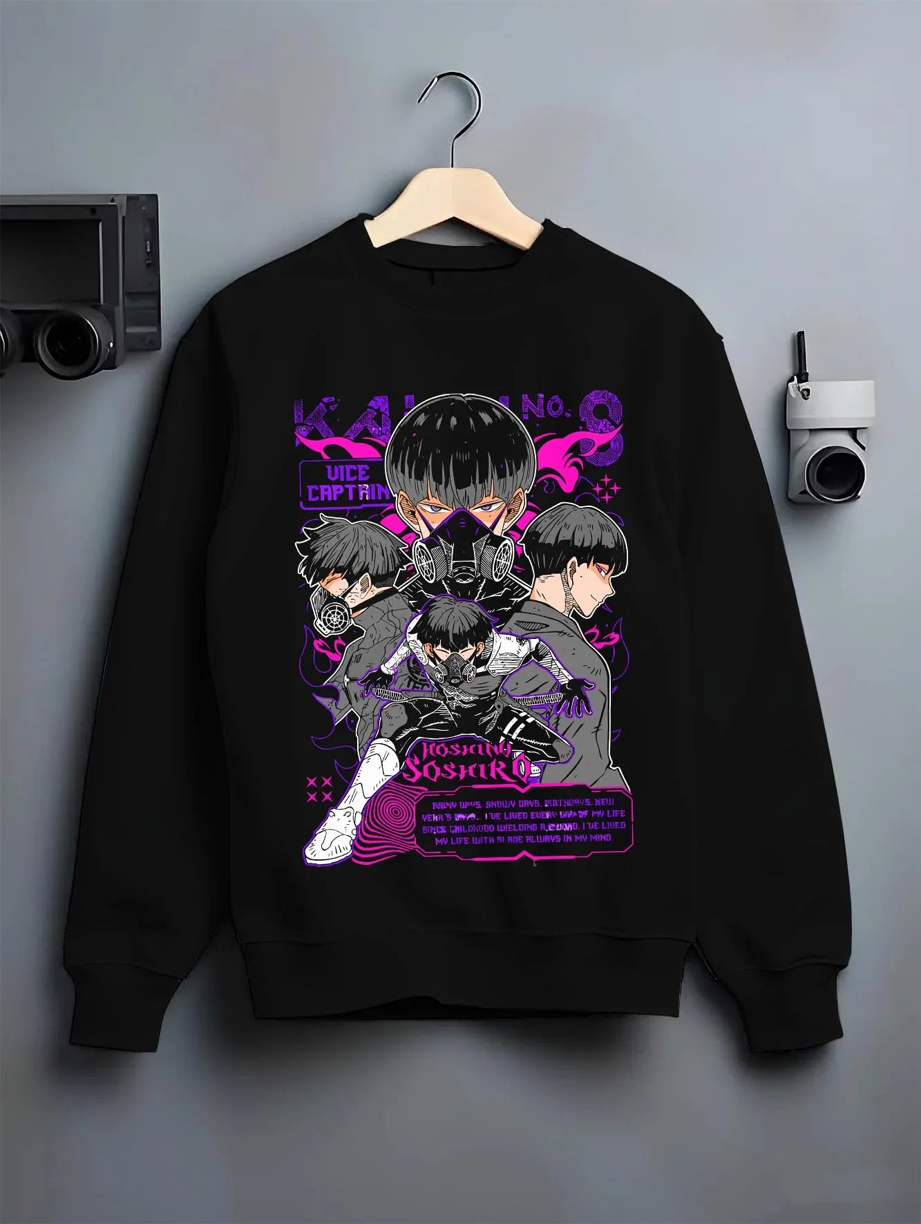 Black crewneck sweatshirt on hanger with Soshiro Hoshina Hoodie Kaiju No. 8 Vice Captain graphic bold anime graphic.