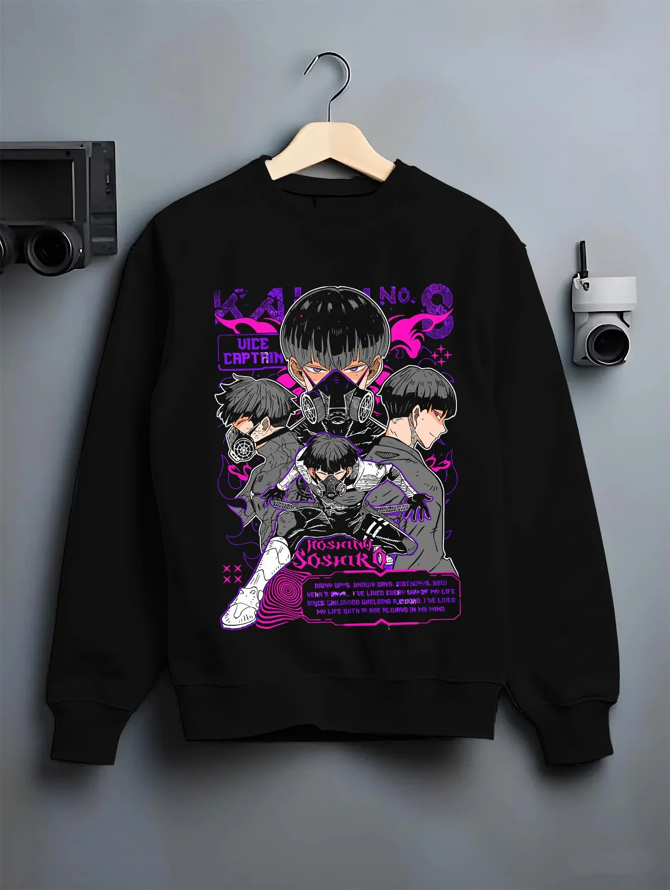 Black crewneck sweatshirt on hanger with Soshiro Hoshina Hoodie Kaiju No. 8 Vice Captain graphic bold anime graphic.