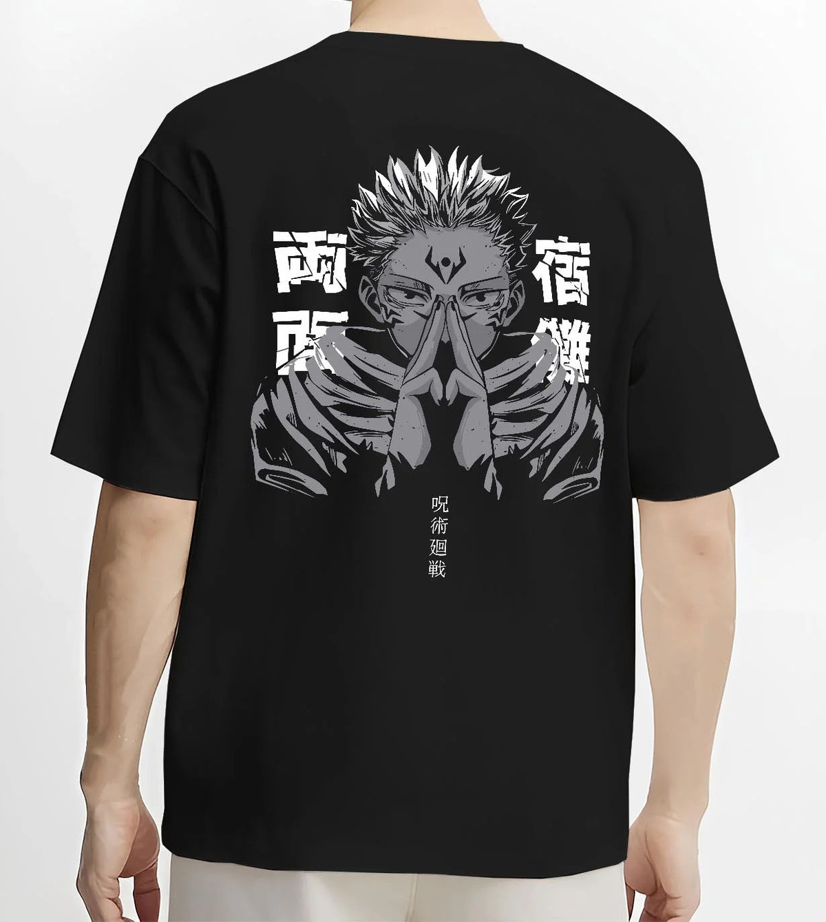 Black T-shirt worn by male model from the back featuring Ryomen Sukuna domain hand sign Jujutsu Kaisen artwork.