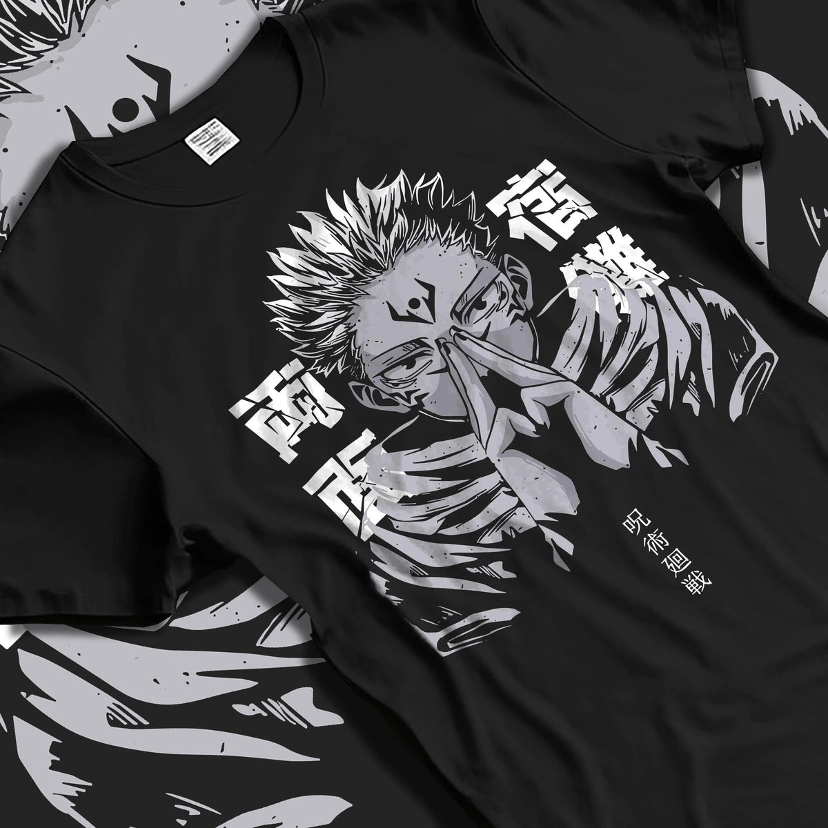 Black T-shirt laid flat with natural folds featuring Ryomen Sukuna domain hand sign Jujutsu Kaisen artwork.