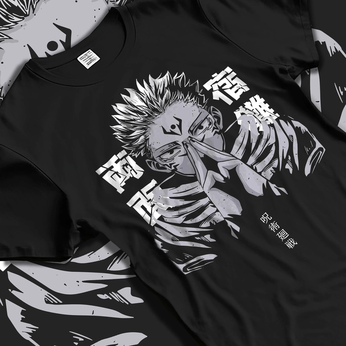 Black T-shirt laid flat with natural folds featuring Ryomen Sukuna domain hand sign Jujutsu Kaisen artwork.