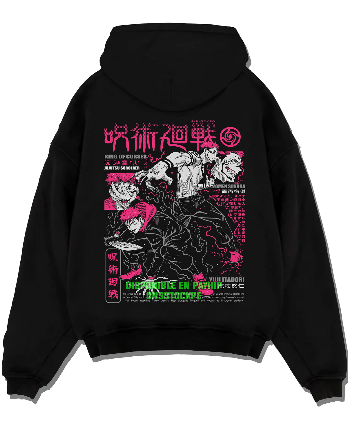 Black hoodie laid flat featuring Ryomen Sukuna King of Curses battle collage Jujutsu Kaisen artwork.