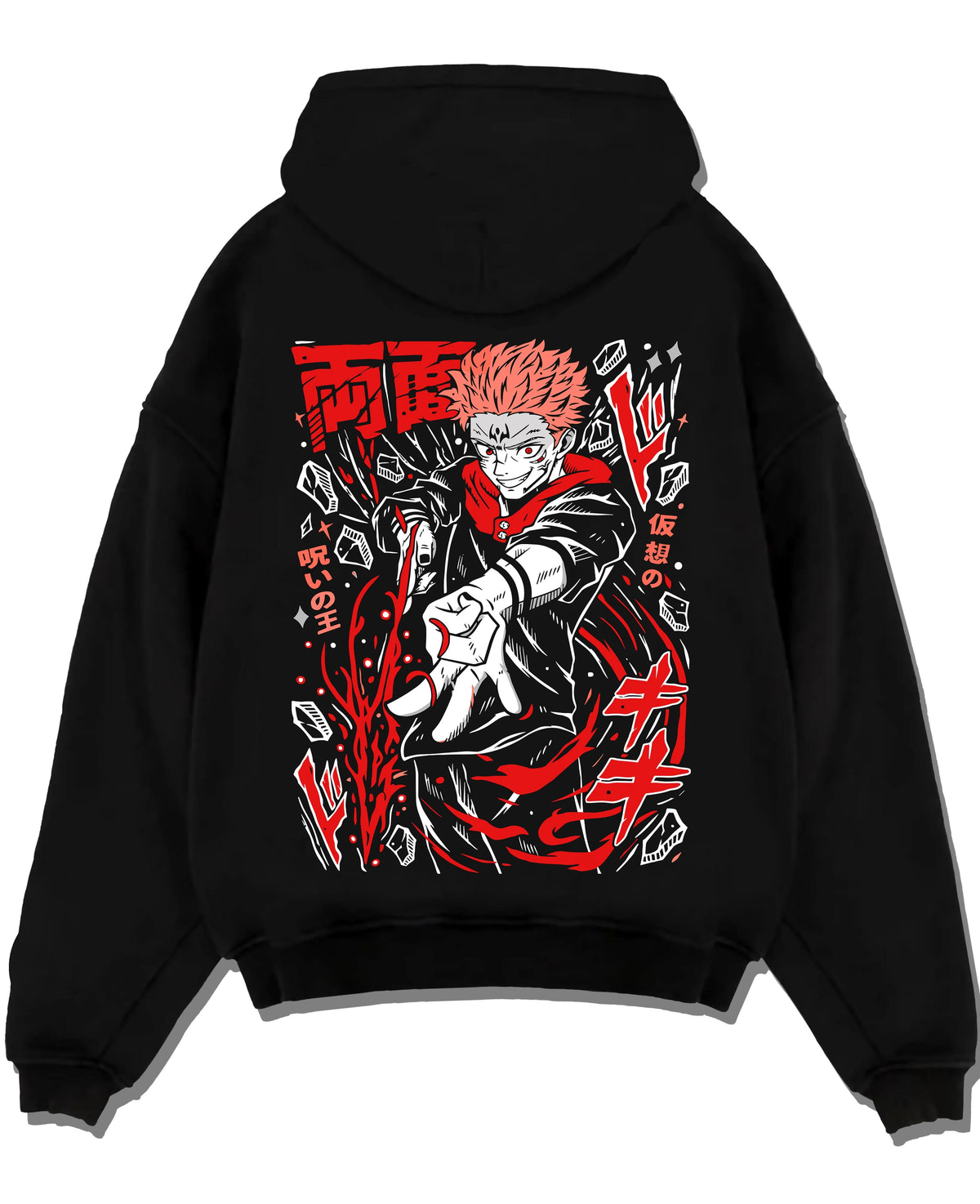 Black hoodie laid flat featuring Ryomen Sukuna Domain Expansion Jujutsu Kaisen artwork.