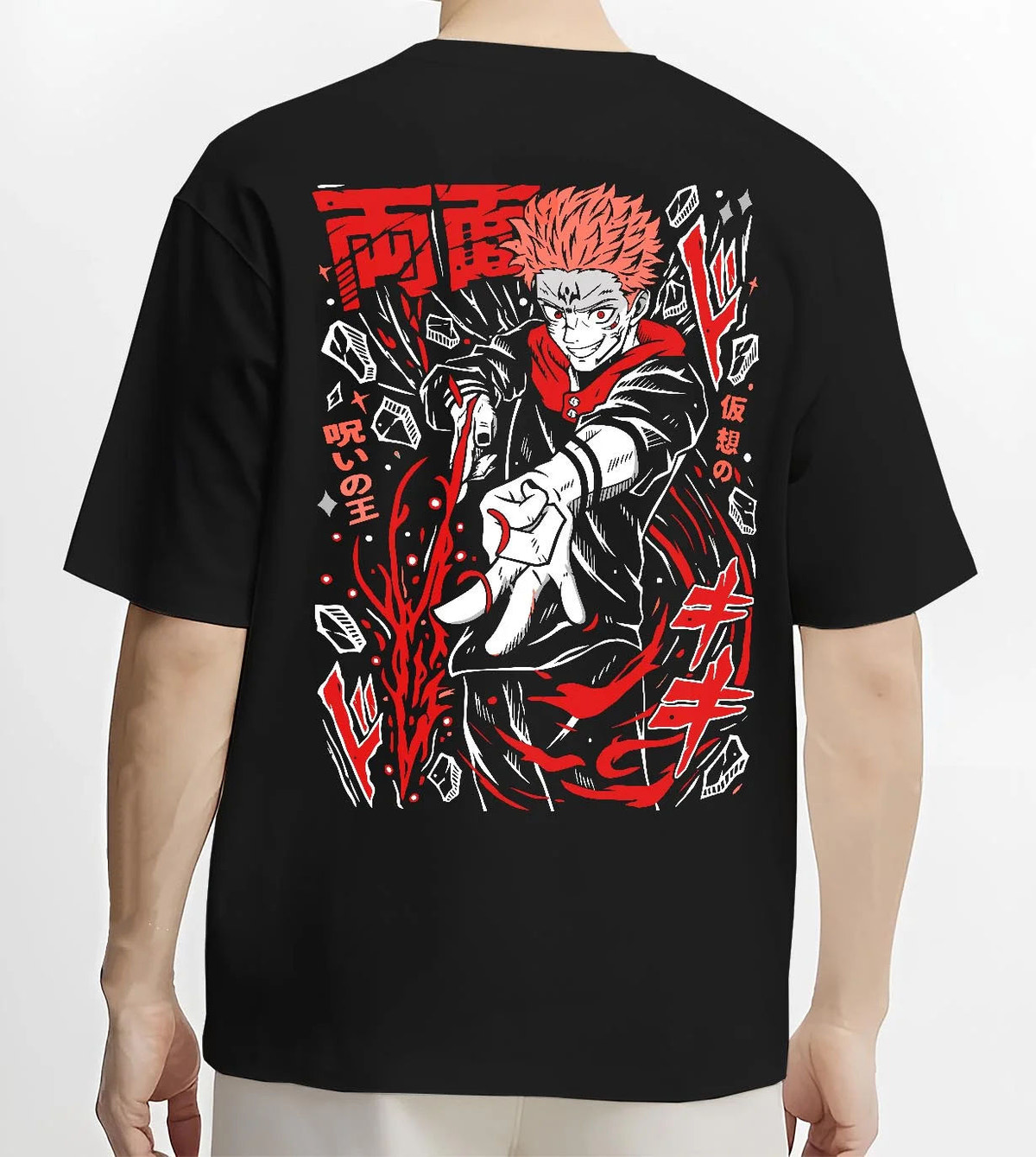 Black T-shirt worn by male model from the back featuring Ryomen Sukuna Domain Expansion Jujutsu Kaisen artwork.