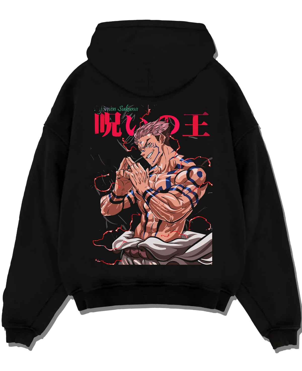 Black hoodie laid flat featuring Ryomen Sukuna Heian form Jujutsu Kaisen artwork.