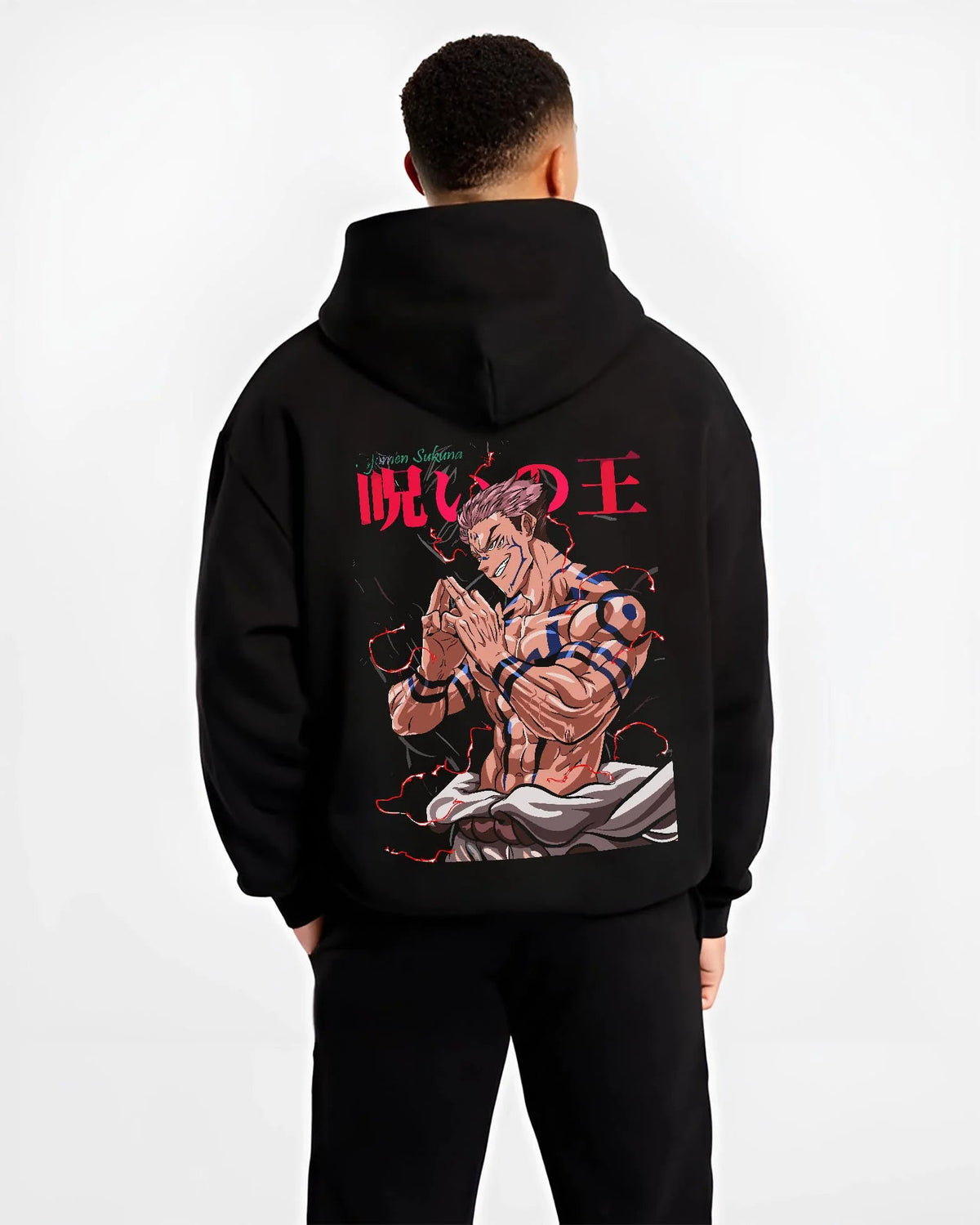 Black hoodie worn by male model from the back featuring Ryomen Sukuna Heian form Jujutsu Kaisen artwork.