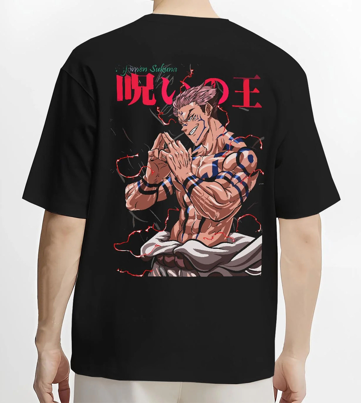 Black T-shirt worn by male model from the back featuring Ryomen Sukuna Heian form Jujutsu Kaisen artwork.