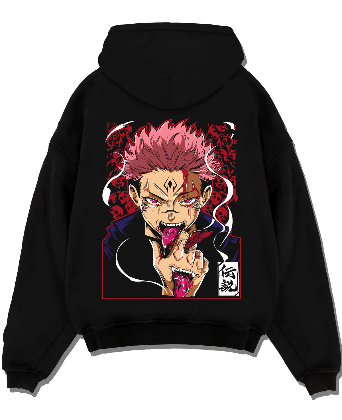 Black hoodie laid flat featuring Sukuna Yuji possession Jujutsu Kaisen artwork.