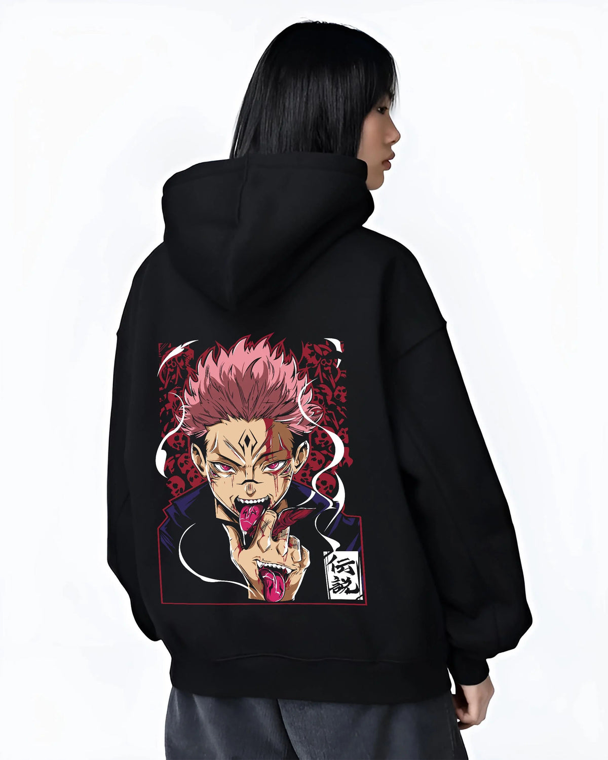 Black hoodie worn by female model from the back featuring Sukuna Yuji possession Jujutsu Kaisen artwork.