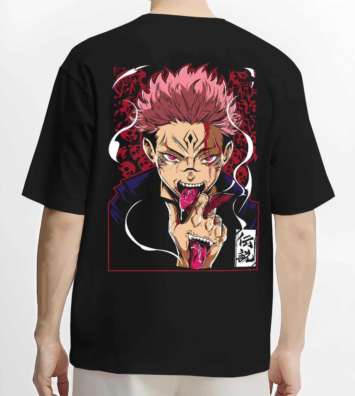 Black T-shirt worn by male model from the back featuring Sukuna Yuji possession Jujutsu Kaisen artwork.