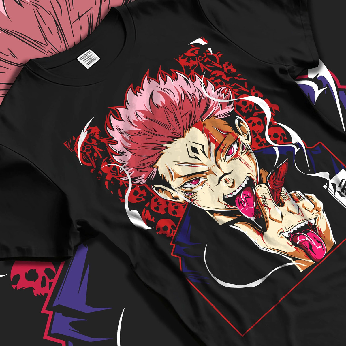 Black T-shirt laid flat with natural folds featuring Sukuna Yuji possession Jujutsu Kaisen artwork.