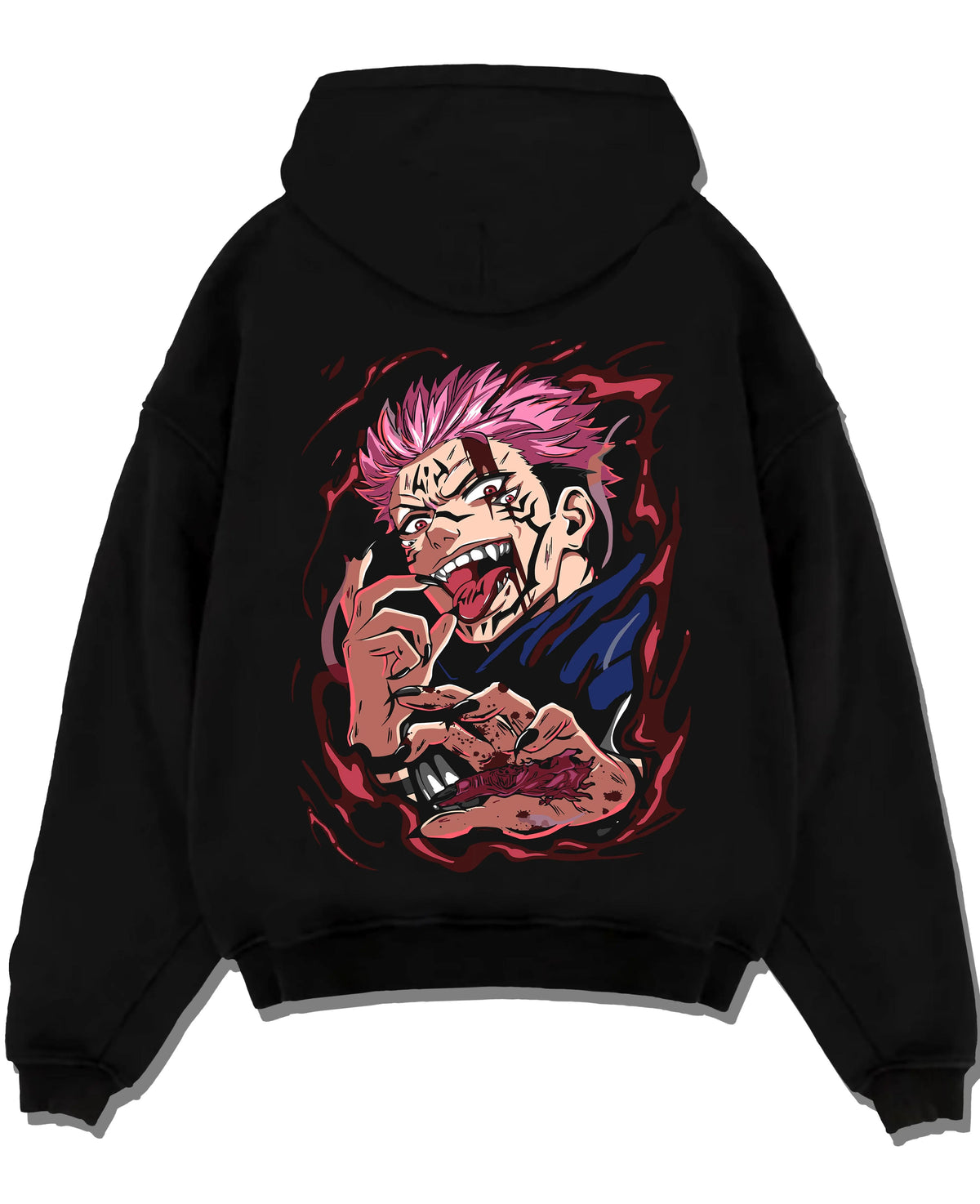 Black hoodie laid flat featuring Ryomen Sukuna red cursed energy Jujutsu Kaisen artwork.