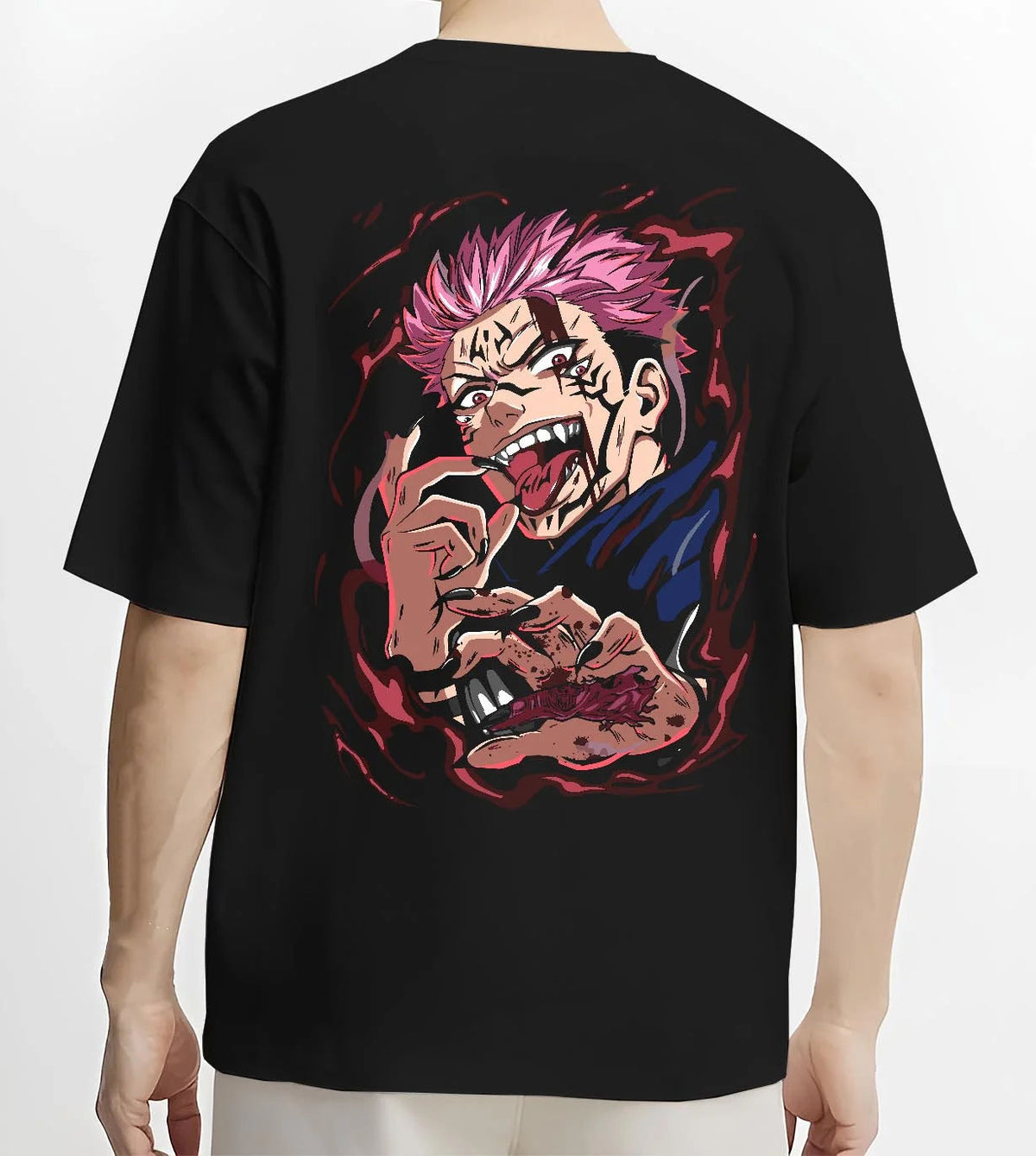 Black T-shirt worn by male model from the back featuring Ryomen Sukuna red cursed energy Jujutsu Kaisen artwork.