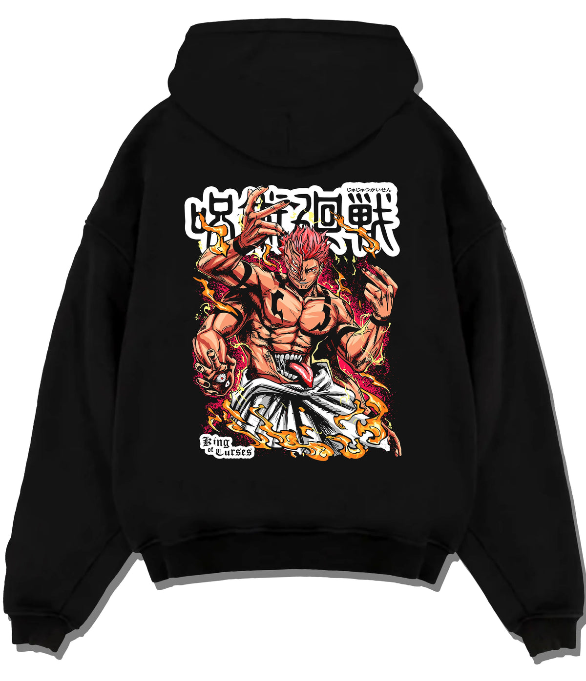 Black hoodie flat back view showing Ryomen Sukuna from Jujutsu Kaisen: muscular fiery portrait