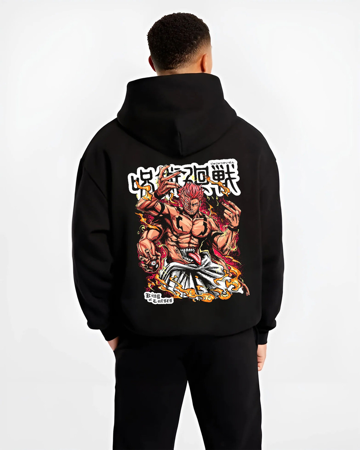 Black hoodie model back view showing Ryomen Sukuna from Jujutsu Kaisen: muscular fiery portrait