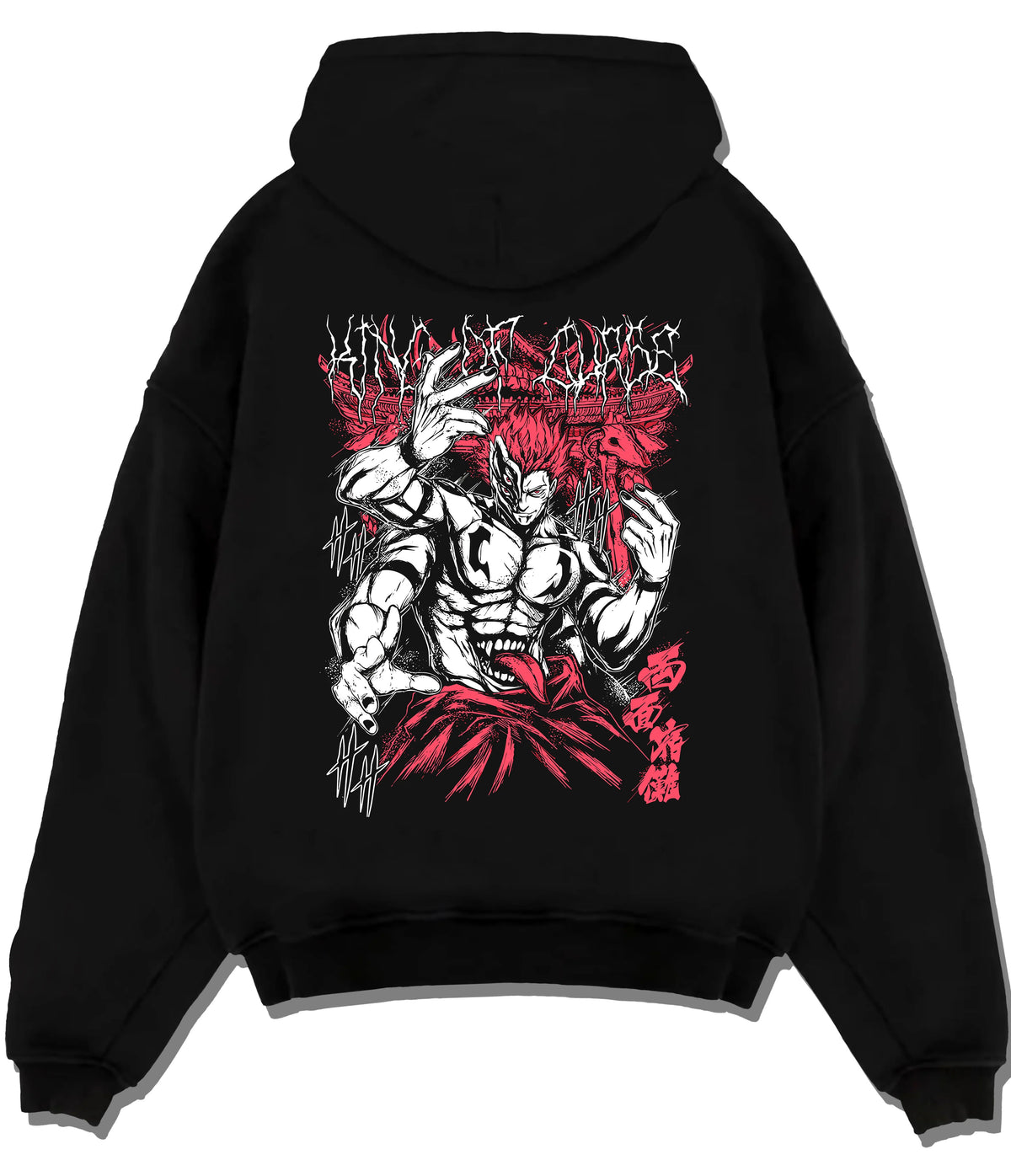 Black hoodie flat back view showing Ryomen Sukuna from Jujutsu Kaisen: muscular dark red illustration