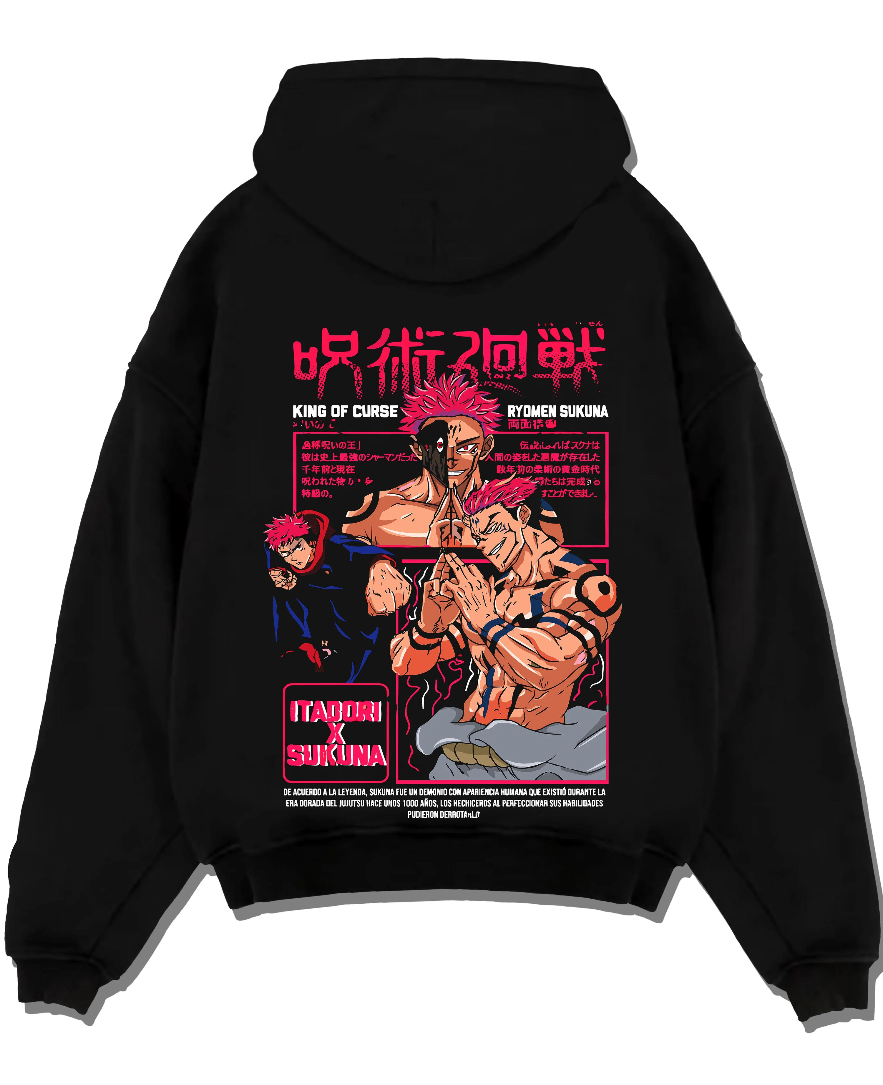 Black pullover hoodie laid flat with Sukuna Hoodie Jujutsu Kaisen King of Curses graphic premium wear.
