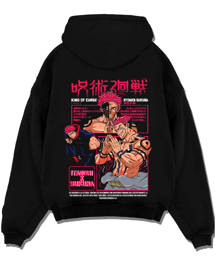 Black pullover hoodie laid flat with Sukuna Hoodie Jujutsu Kaisen King of Curses graphic premium wear.