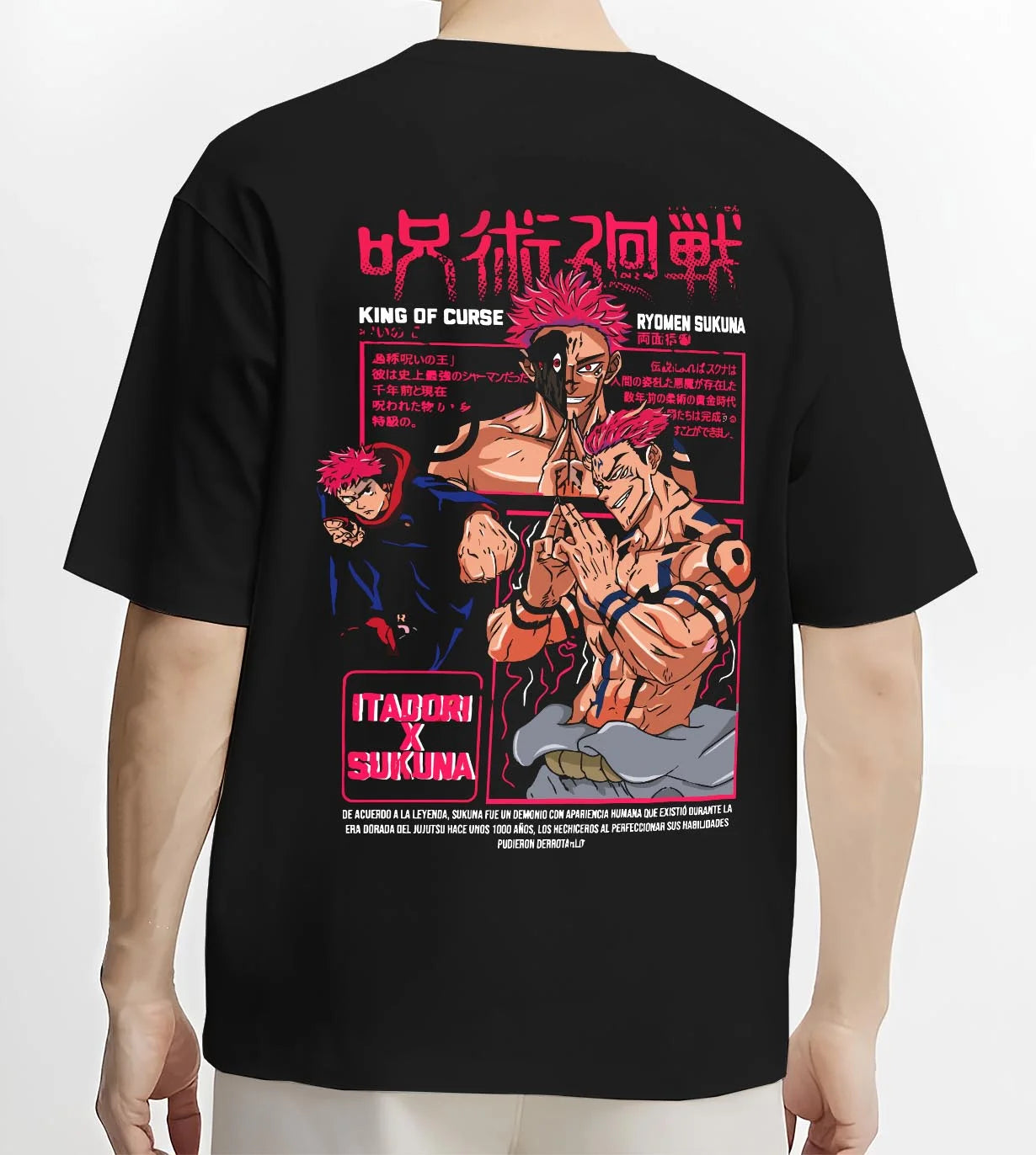Black T-shirt worn by male model, back view with Sukuna Hoodie Jujutsu Kaisen King of Curses graphic streetwear graphic.
