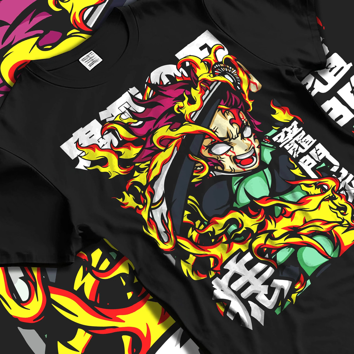 Black T-shirt laid flat with natural folds featuring Yoriichi Tsugikuni Sun Breathing flame aura Demon Slayer artwork.