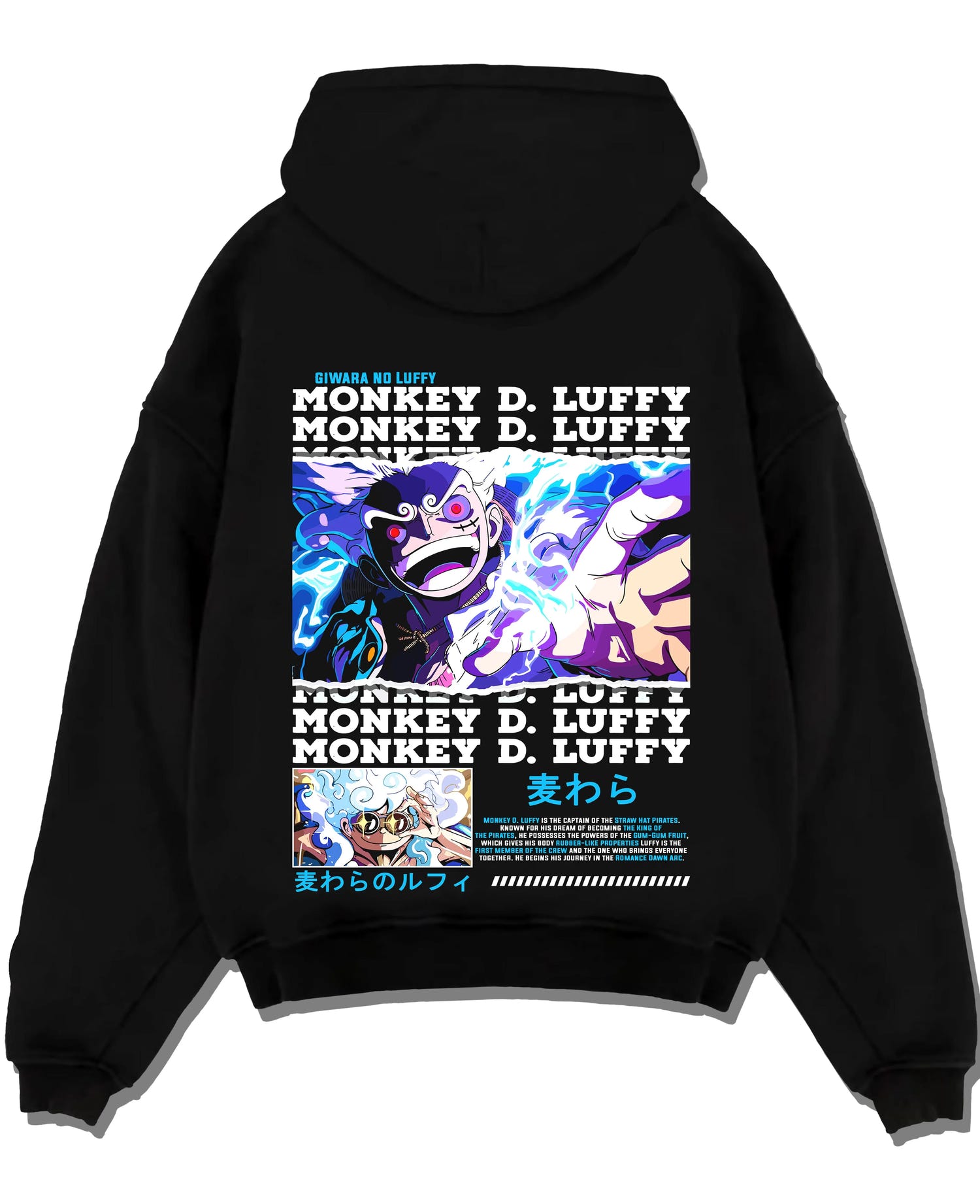 Black pullover hoodie laid flat with Monkey D Luffy Hoodie One Piece Gum Gum Gear graphic streetwear graphic.