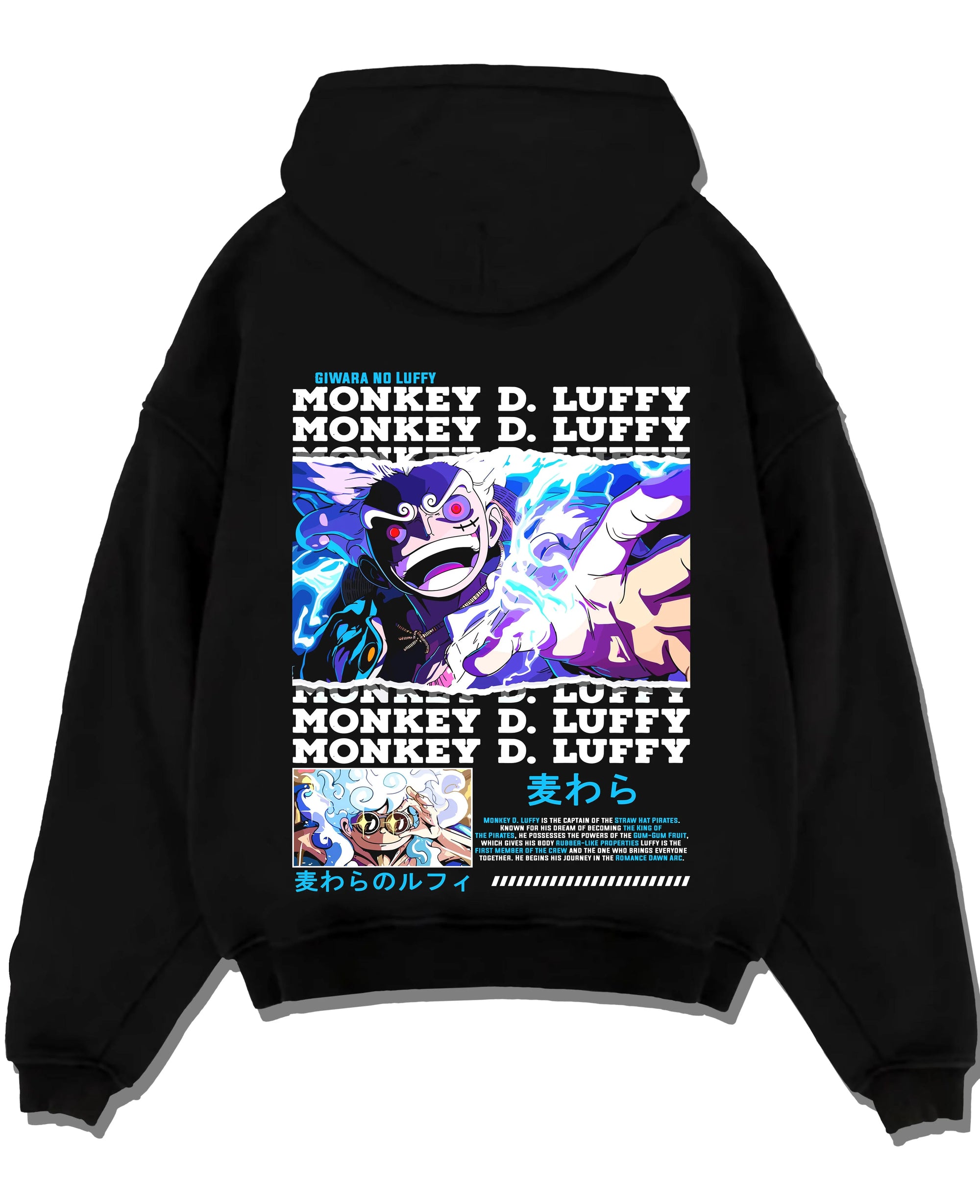 Black pullover hoodie laid flat with Monkey D Luffy Hoodie One Piece Gum Gum Gear graphic streetwear graphic.
