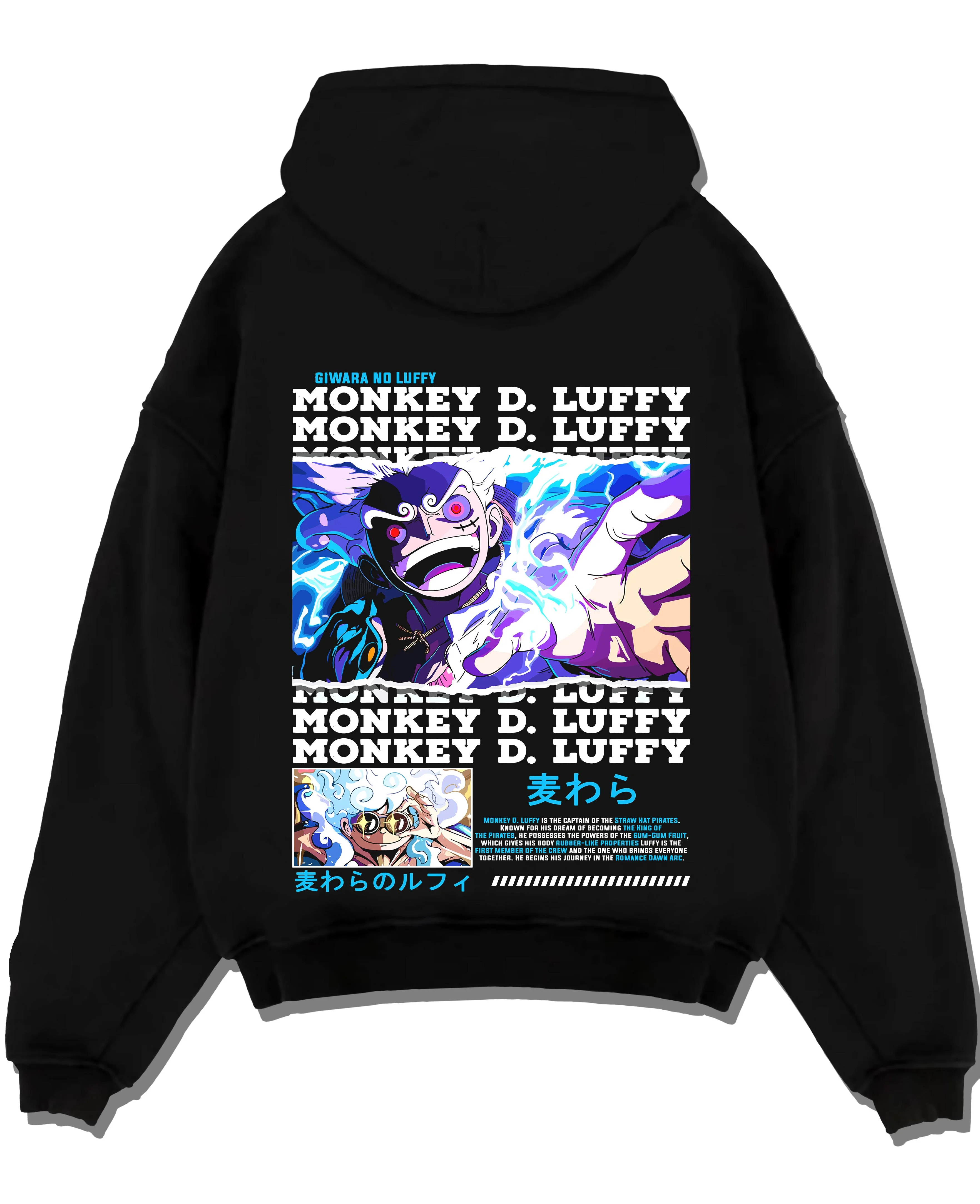 Black pullover hoodie laid flat with Monkey D Luffy Hoodie One Piece Gum Gum Gear graphic streetwear graphic.