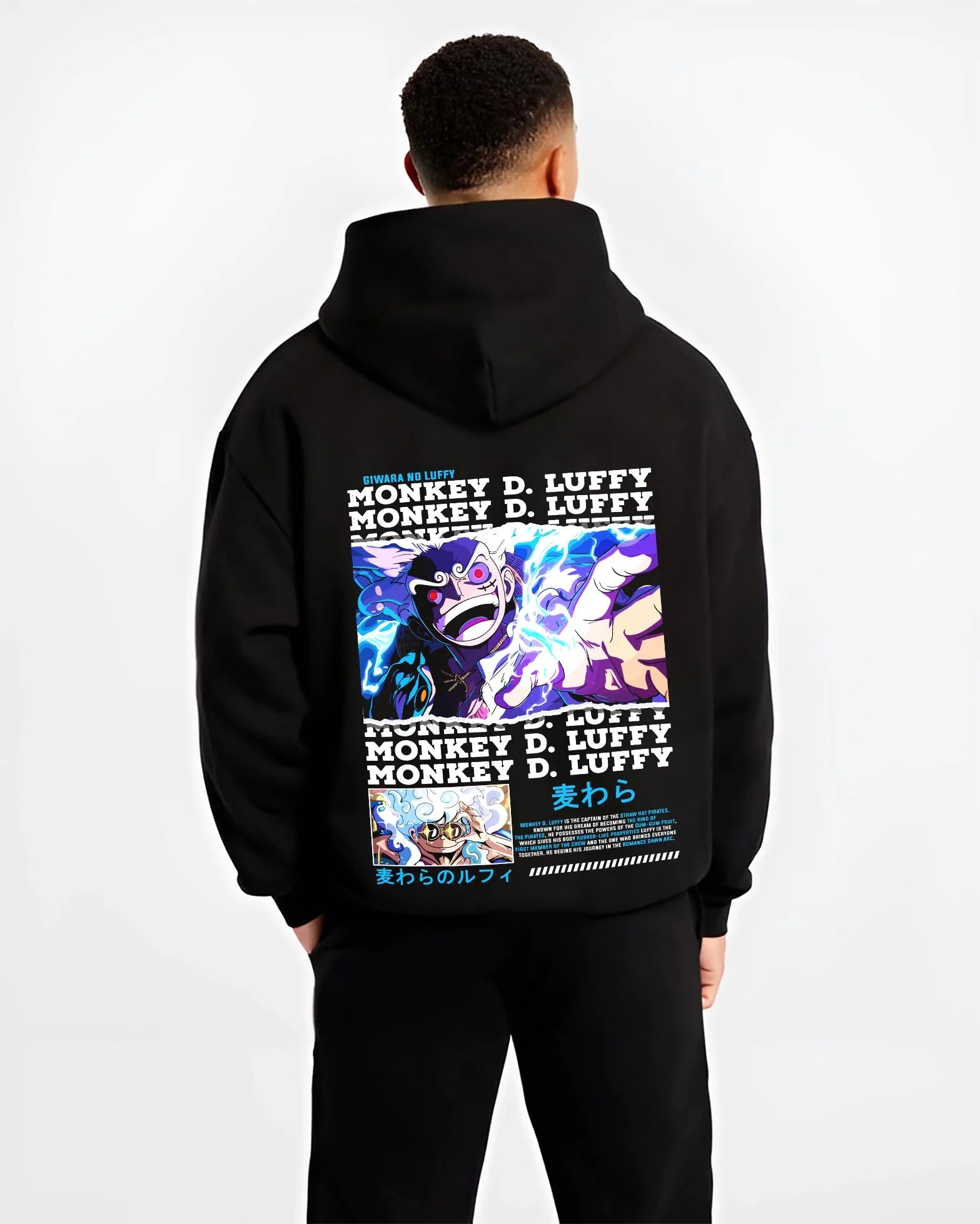 Black hoodie worn by male model, back view with Monkey D Luffy Hoodie One Piece Gum Gum Gear graphic streetwear graphic.