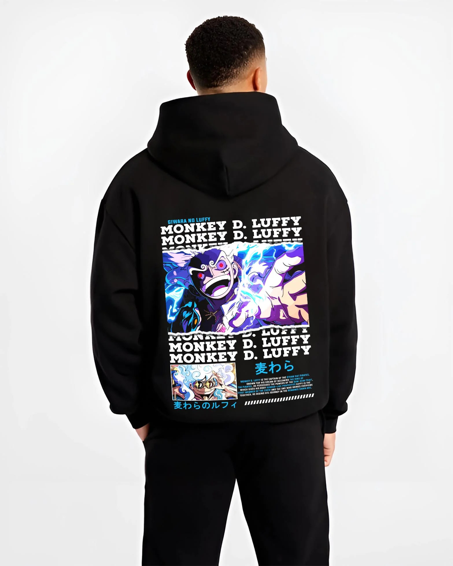 Black hoodie worn by male model, back view with Monkey D Luffy Hoodie One Piece Gum Gum Gear graphic streetwear graphic.