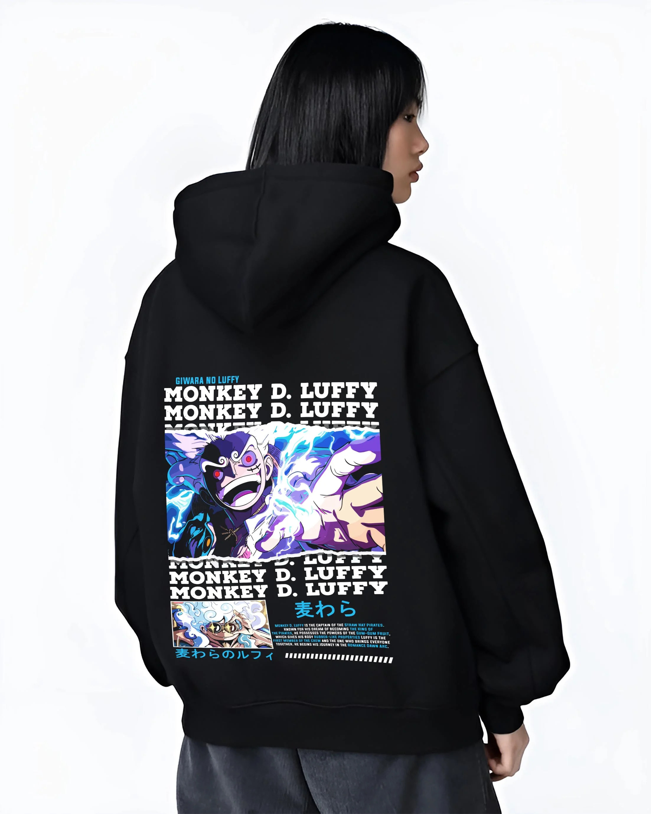 Black hoodie worn by female model, back view with Monkey D Luffy Hoodie One Piece Gum Gum Gear graphic streetwear graphic.