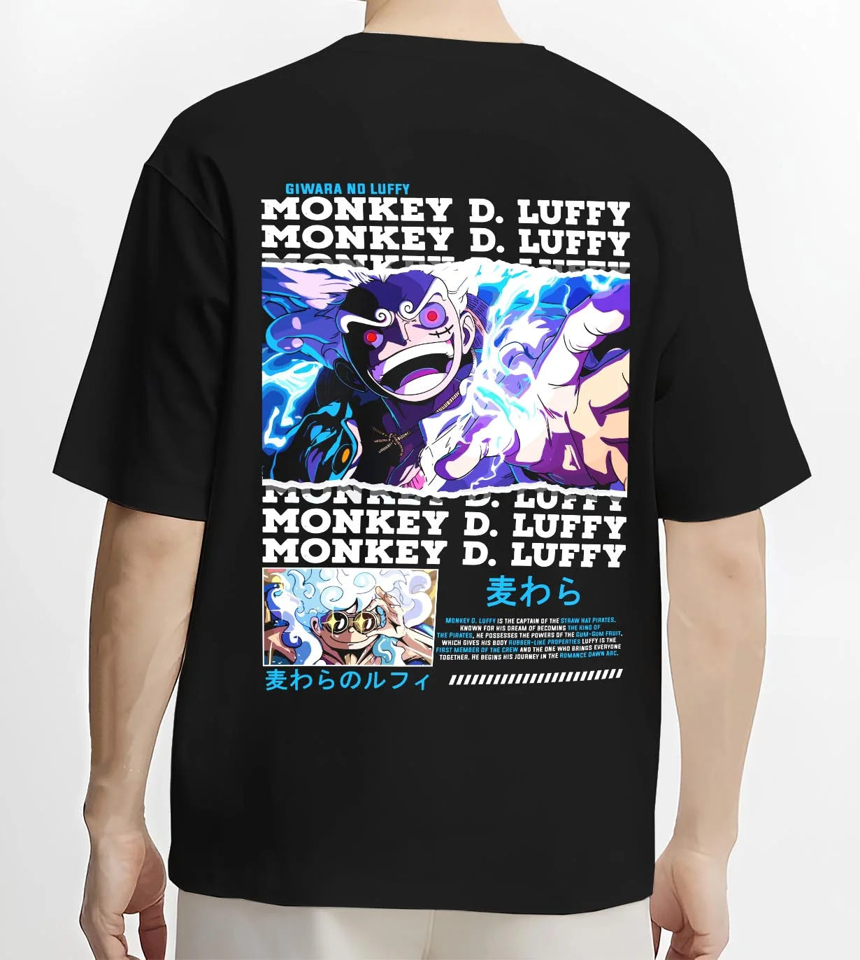 Black T-shirt worn by male model, back view with Monkey D Luffy Hoodie One Piece Gum Gum Gear graphic premium wear.