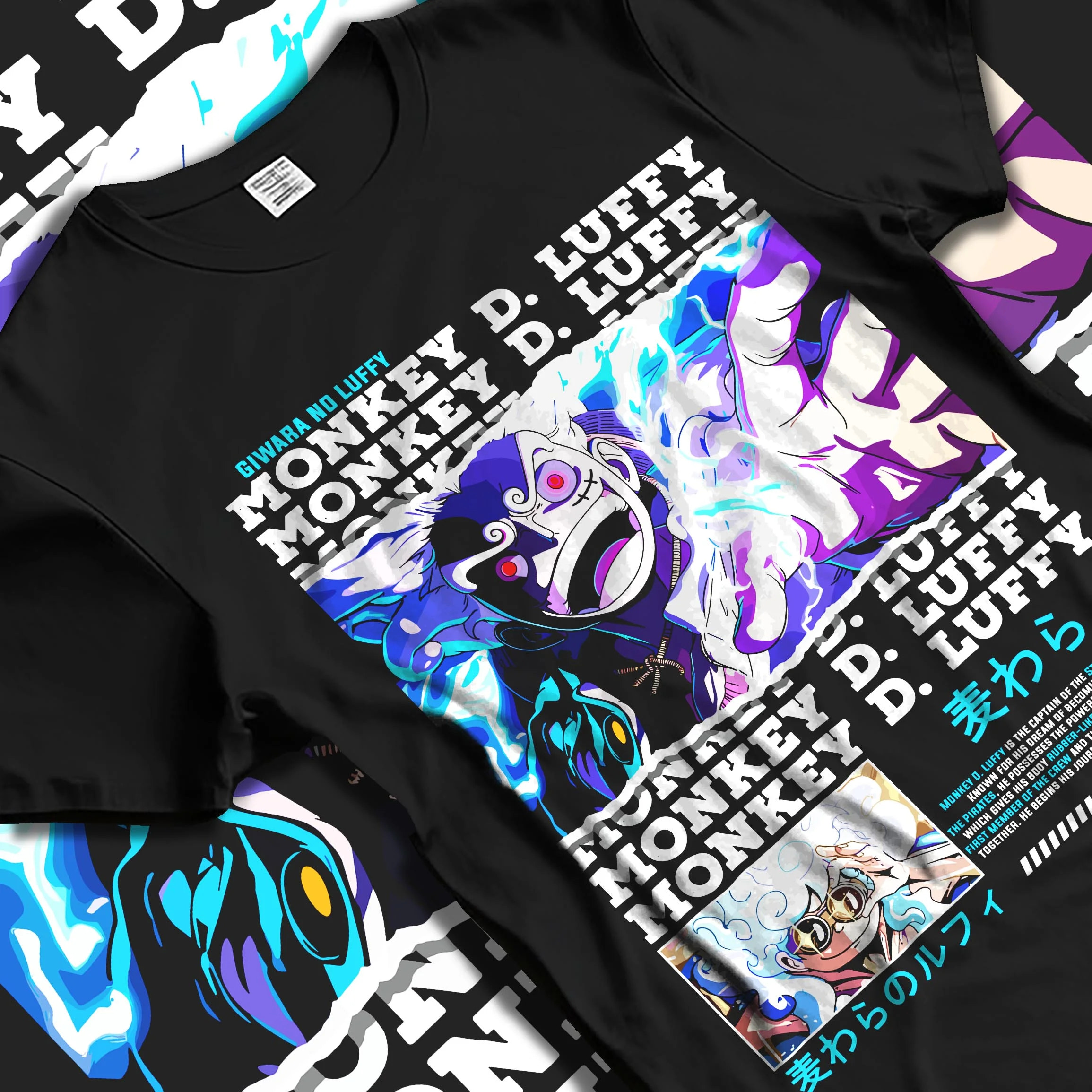 Black T-shirt laid flat with natural folds with Monkey D Luffy Hoodie One Piece Gum Gum Gear graphic premium wear.