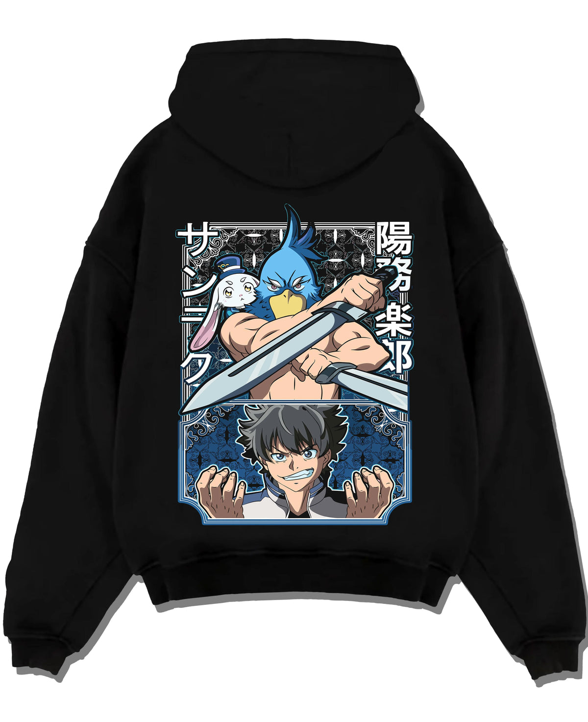 Black hoodie laid flat featuring Sunraku dual blade gamer Shangri-La Frontier artwork.