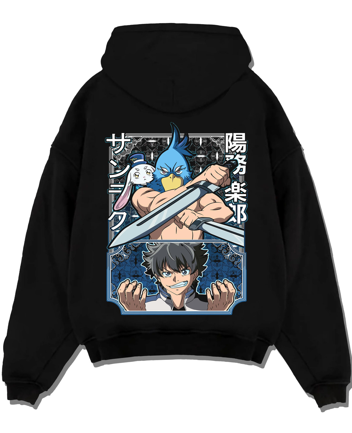 Black hoodie laid flat featuring Sunraku dual blade gamer Shangri-La Frontier artwork.