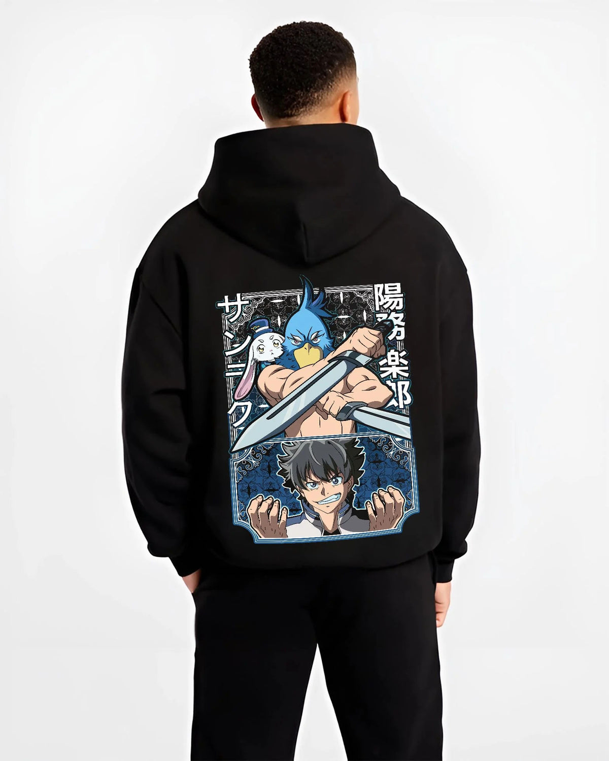 Black hoodie worn by male model from the back featuring Sunraku dual blade gamer Shangri-La Frontier artwork.