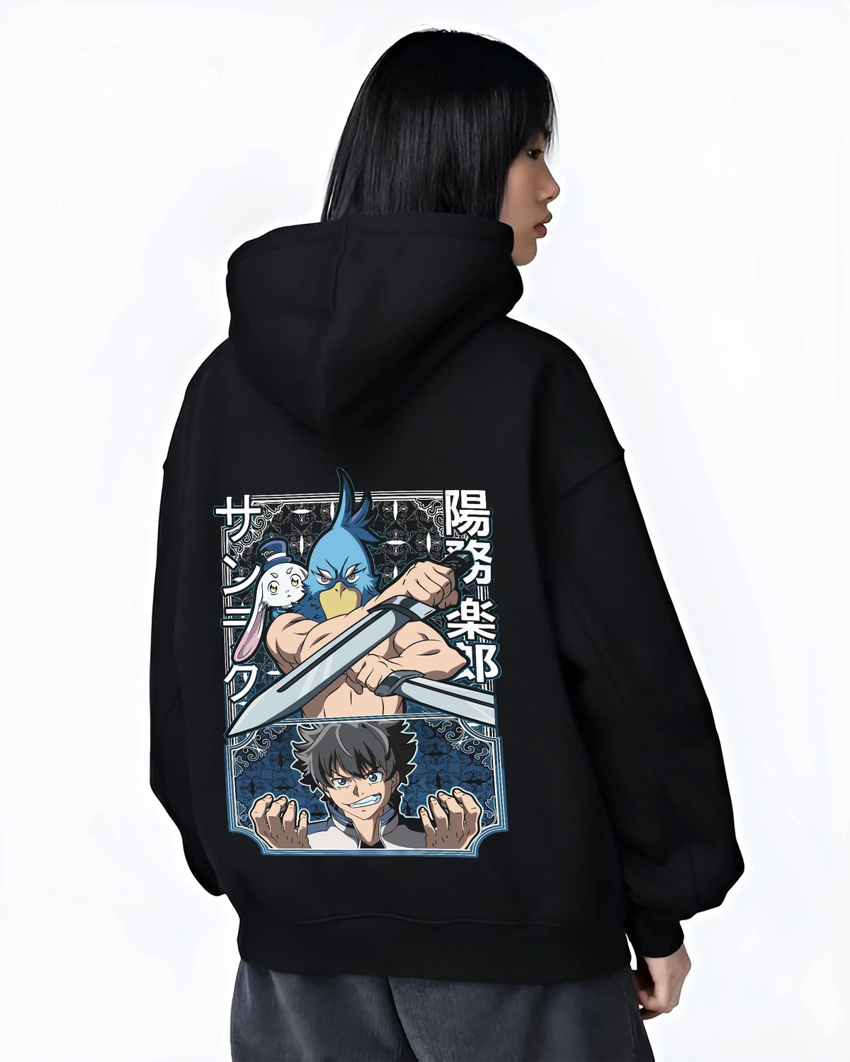 Black hoodie worn by female model from the back featuring Sunraku dual blade gamer Shangri-La Frontier artwork.