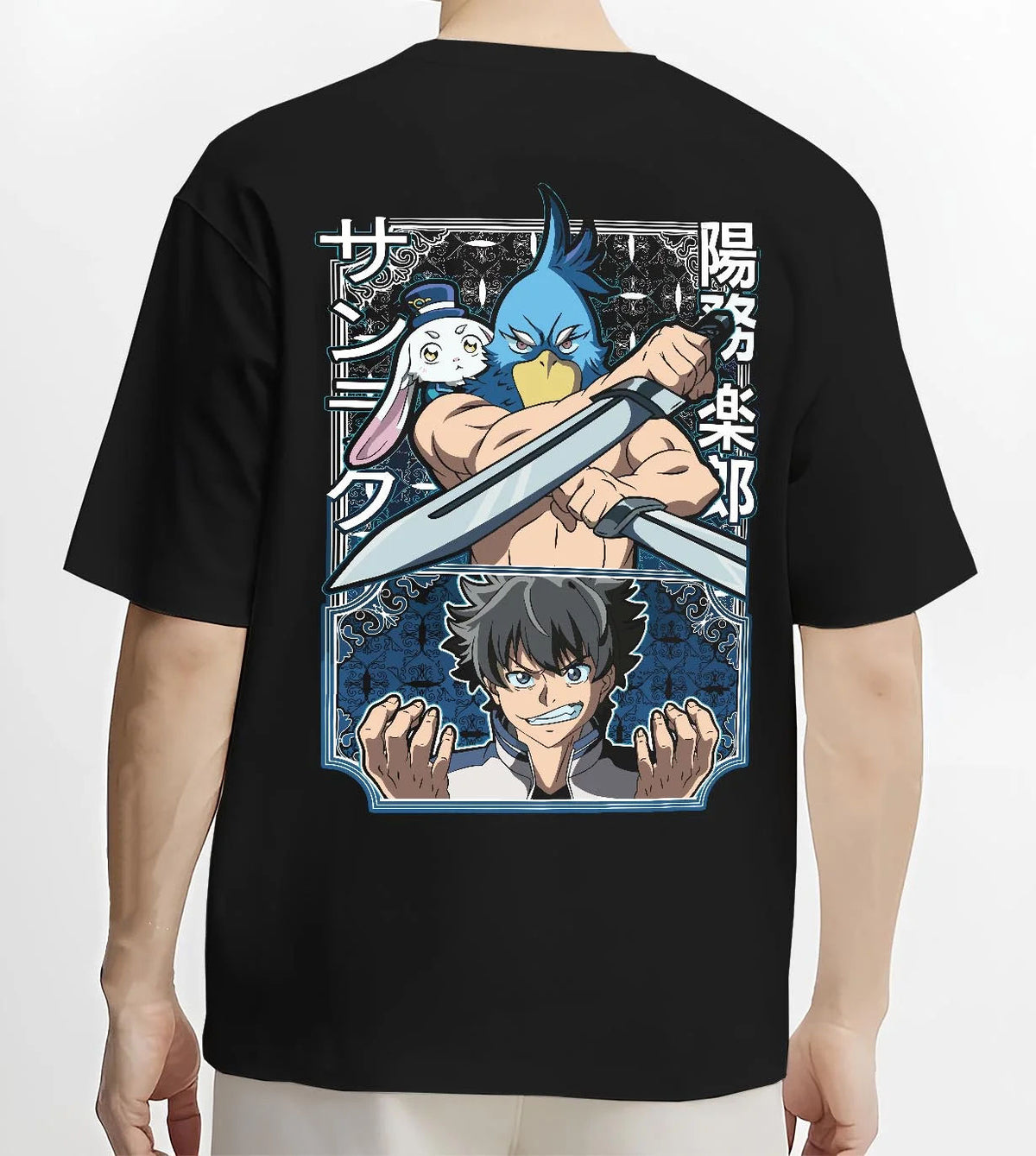 Black T-shirt worn by male model from the back featuring Sunraku dual blade gamer Shangri-La Frontier artwork.