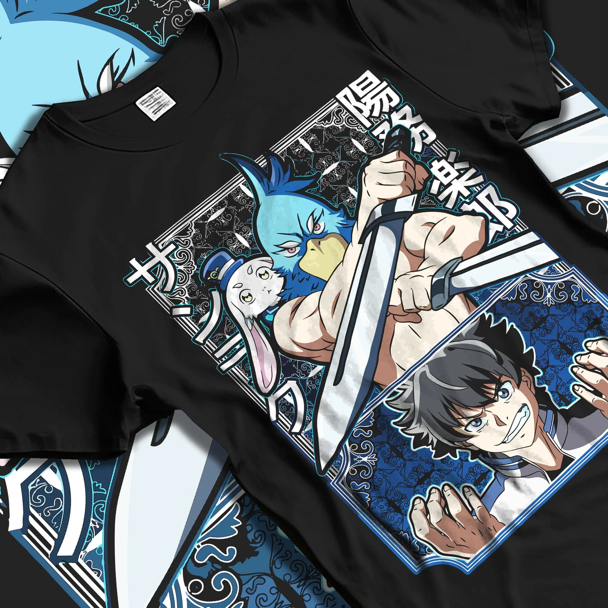 Black T-shirt laid flat with natural folds featuring Sunraku dual blade gamer Shangri-La Frontier artwork.