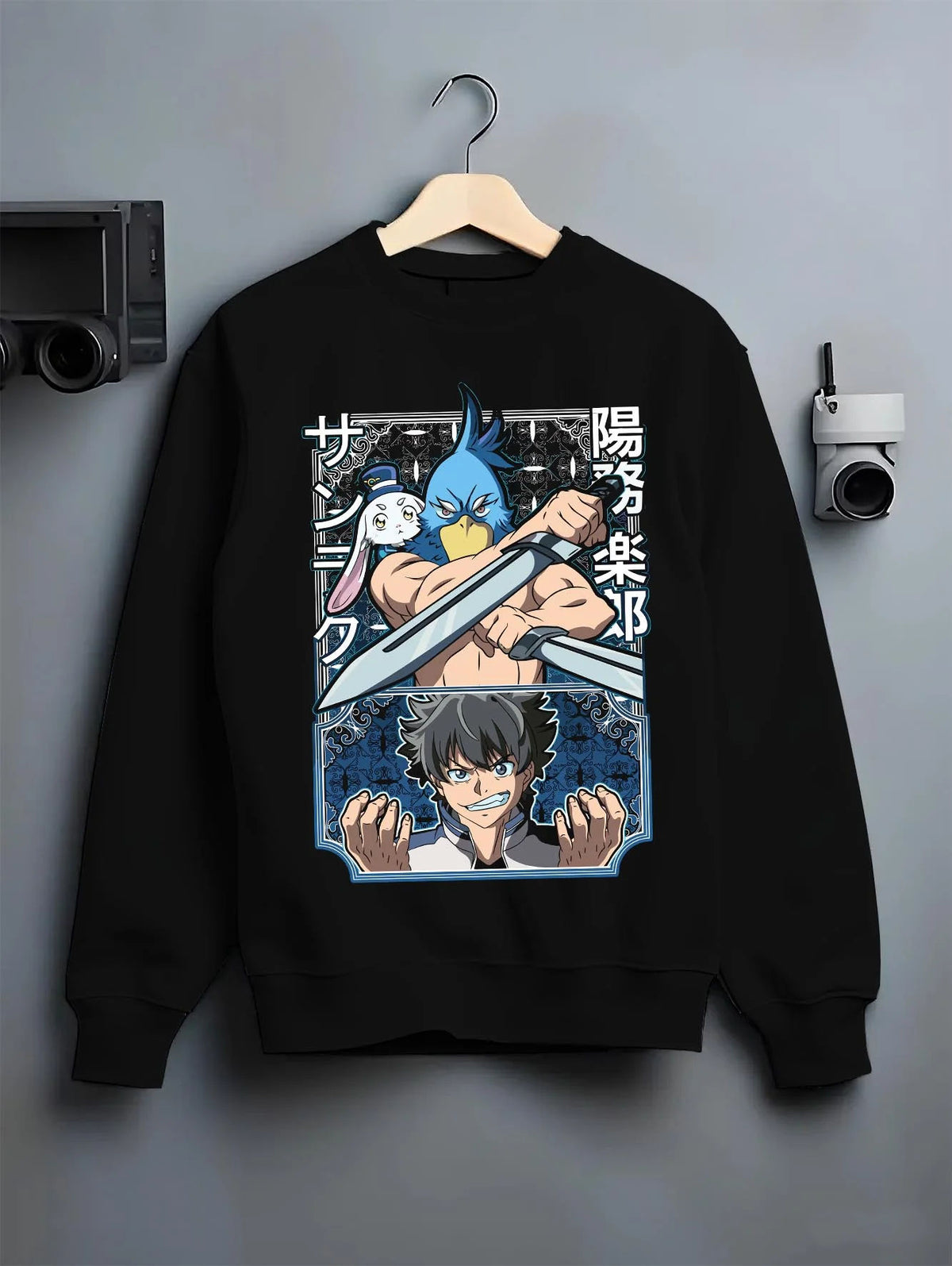 Black crewneck sweatshirt on hanger featuring Sunraku dual blade gamer Shangri-La Frontier artwork.