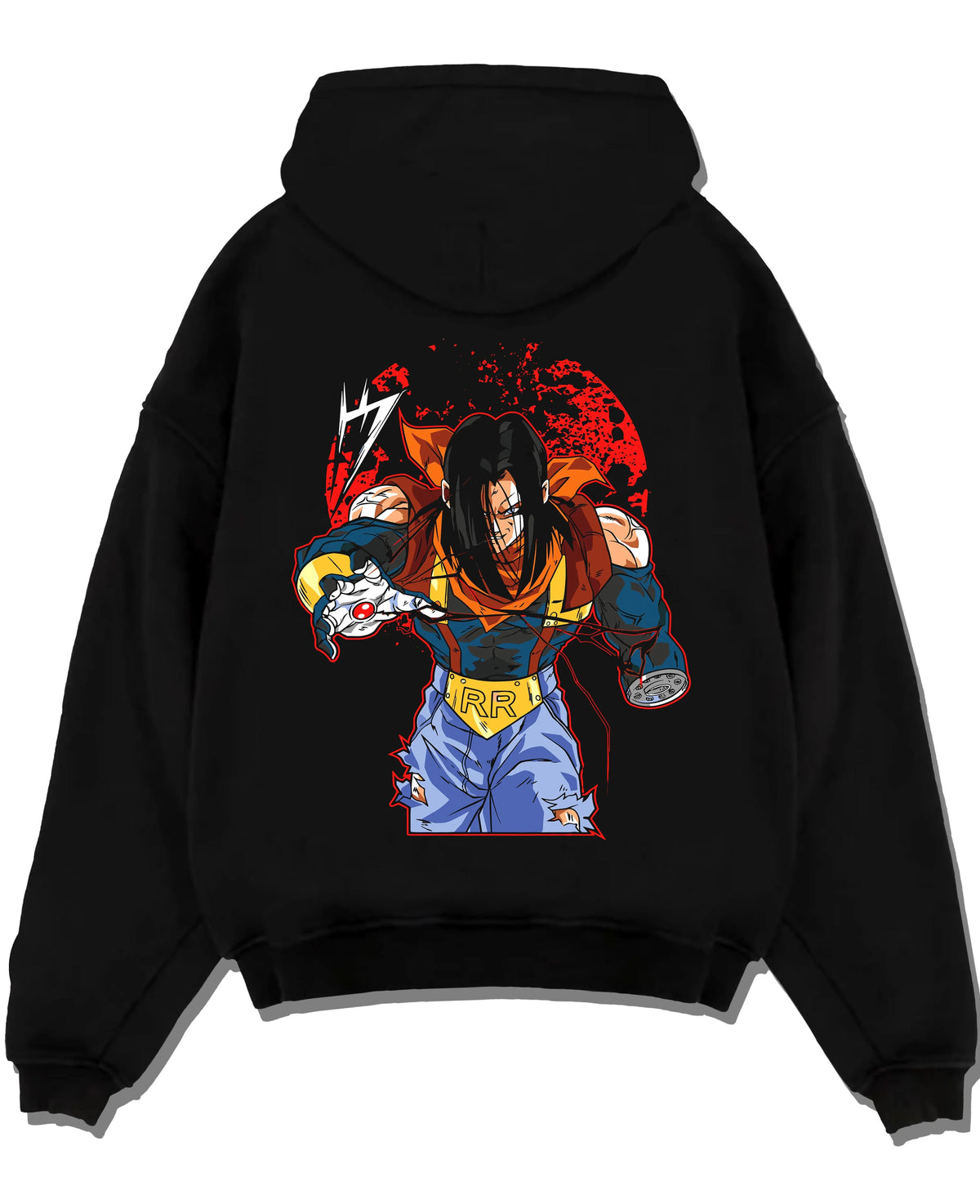 Black hoodie laid flat featuring Android 17 Dragon Ball GT battle artwork.