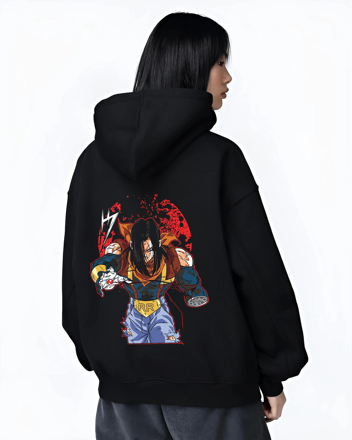 Black hoodie worn by female model from the back featuring Android 17 Dragon Ball GT battle artwork.