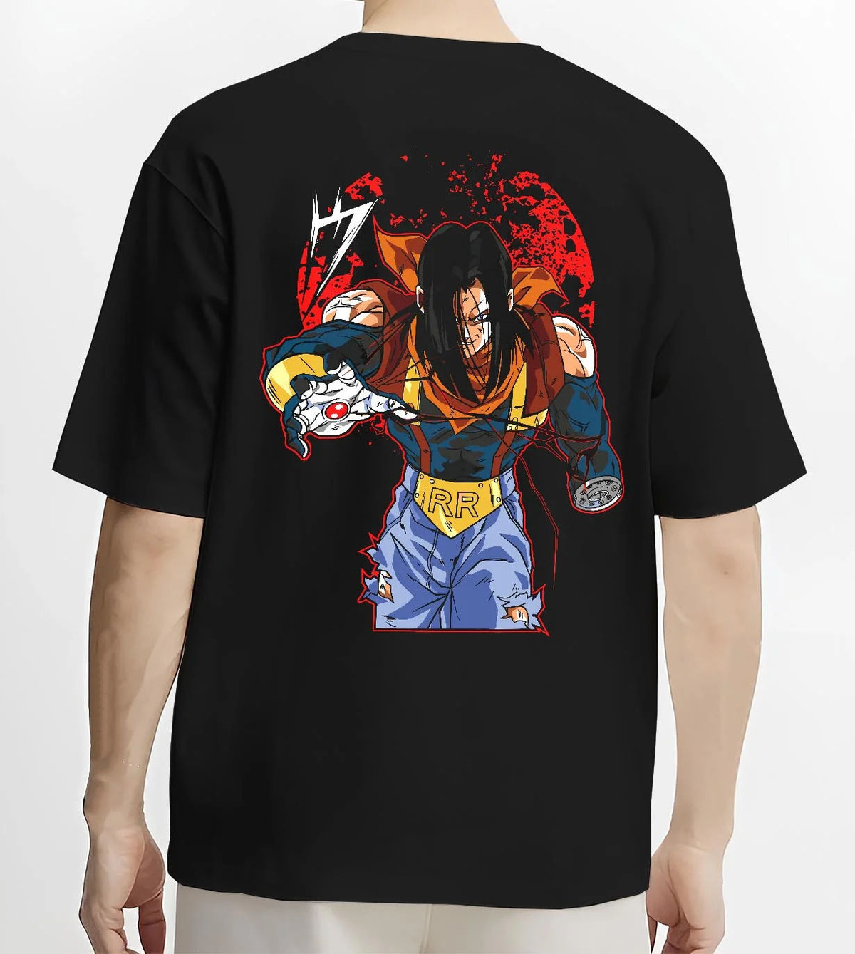 Black T-shirt worn by male model from the back featuring Android 17 Dragon Ball GT battle artwork.