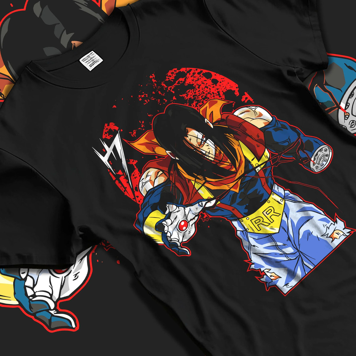 Black T-shirt laid flat with natural folds featuring Android 17 Dragon Ball GT battle artwork.
