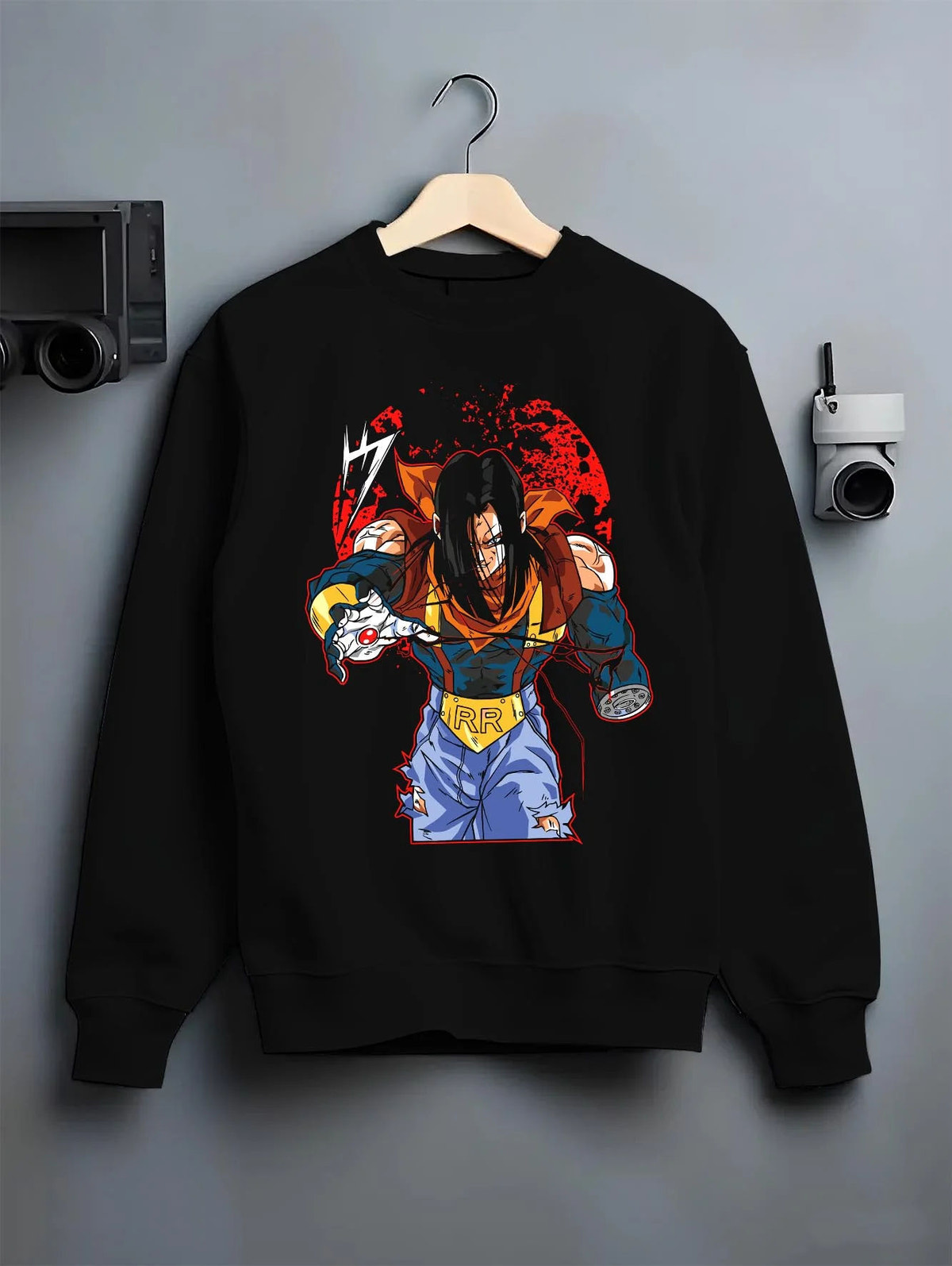 Black crewneck sweatshirt on hanger featuring Android 17 Dragon Ball GT battle artwork.