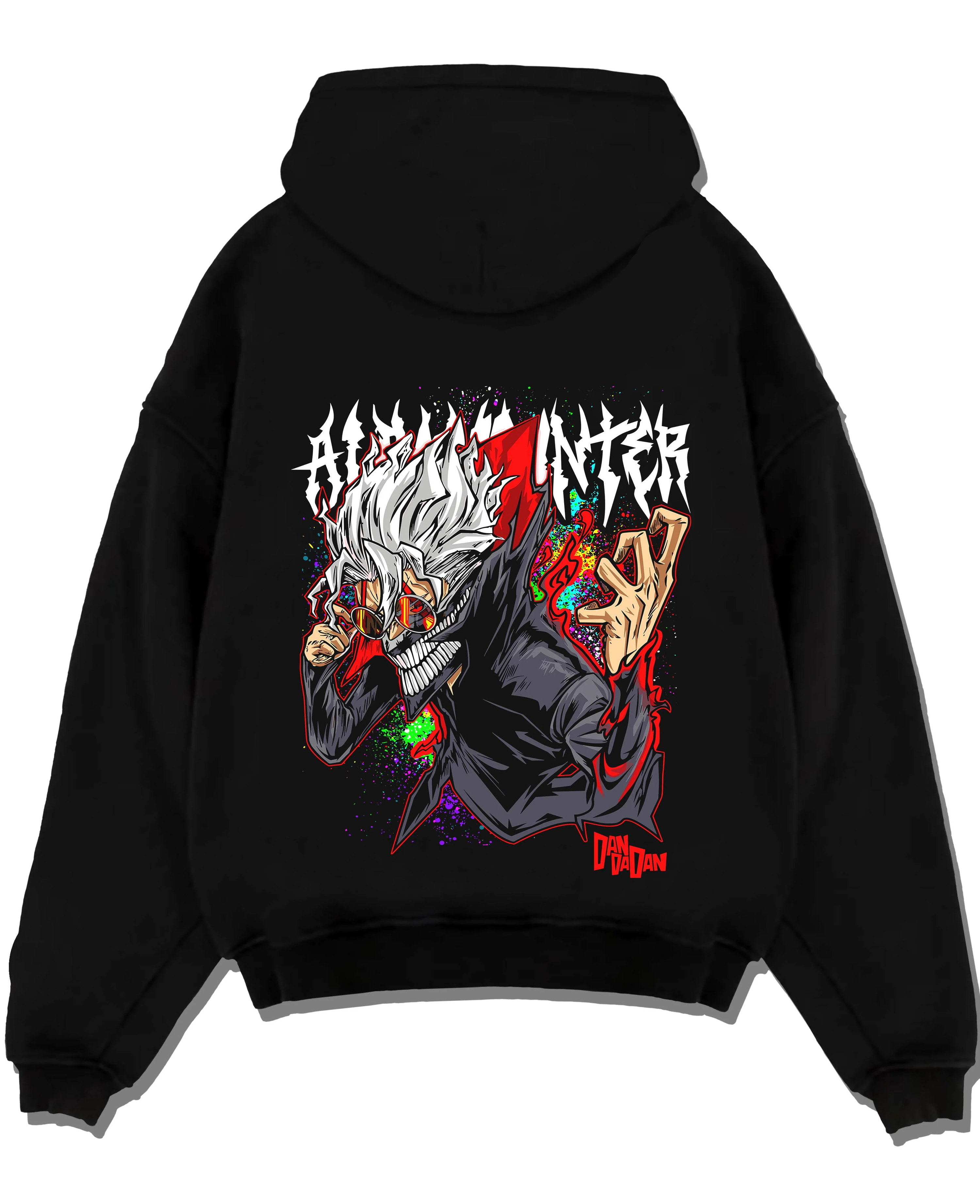 Black pullover hoodie laid flat with Evil Spirit Hoodie Dandadan Horror Monster Scene graphic premium wear.